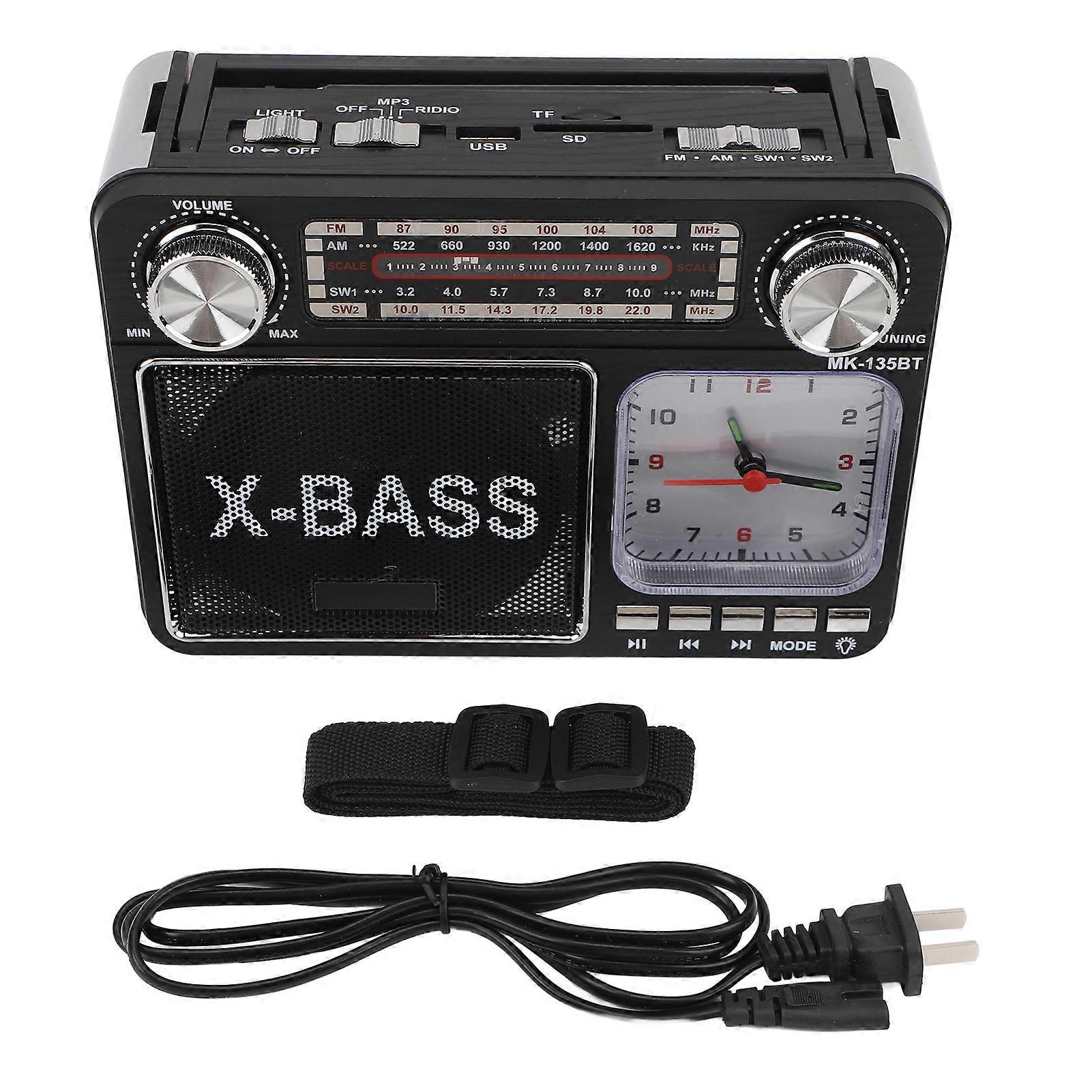 BT Radio Wireless Manual Tuning Retro Style Portable AM FM SW Radio with Light Clock Black US Plug 110V NO.9165