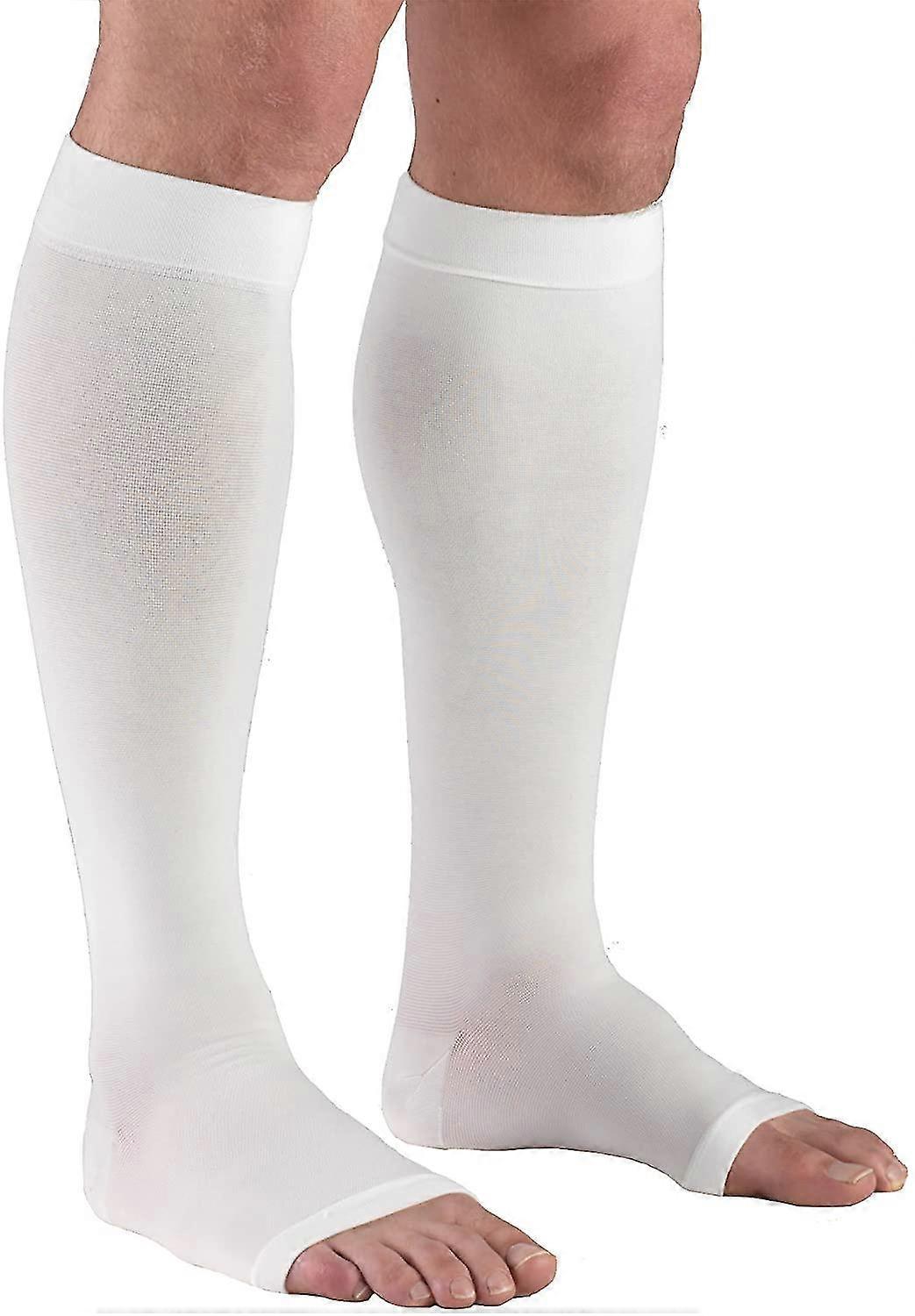 30-40 Mmhg Compression Stockings For Men And Women, Knee High Length, Open Toe, White, Large