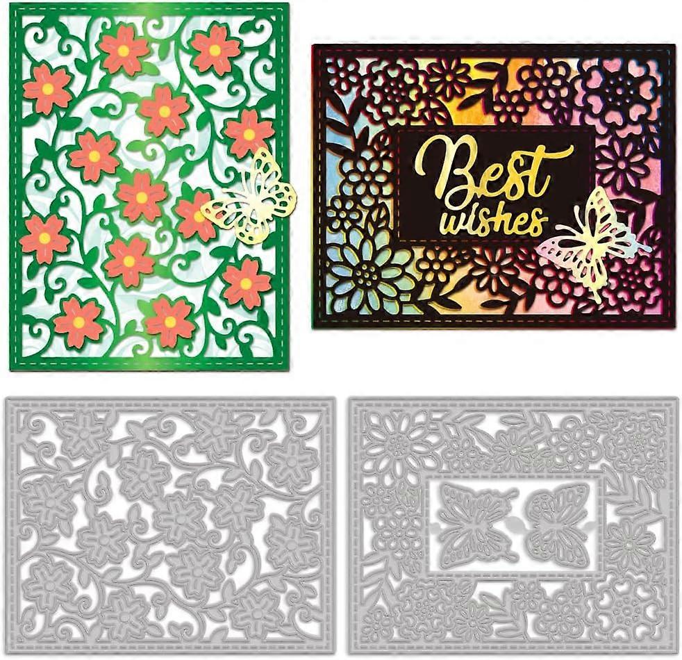 2pcs Flower Background Butterfly Metal Cutting Die for Card Making Carbon Steel Spring Floral Die Cuts Templates Embossing for DIY Crafts Paper Scrapb