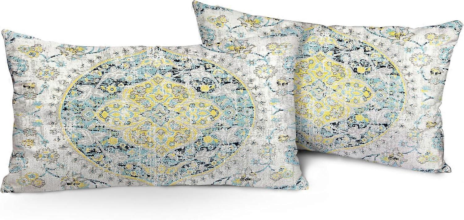 2 Boho Yastık Kılıfı Seti 12 "x20" Mavi Bohem Halı Çift Taraflı Desen Keten Yastık Kılıfı Çiftlik Evi Kanepe Çekyat Dekoratif,