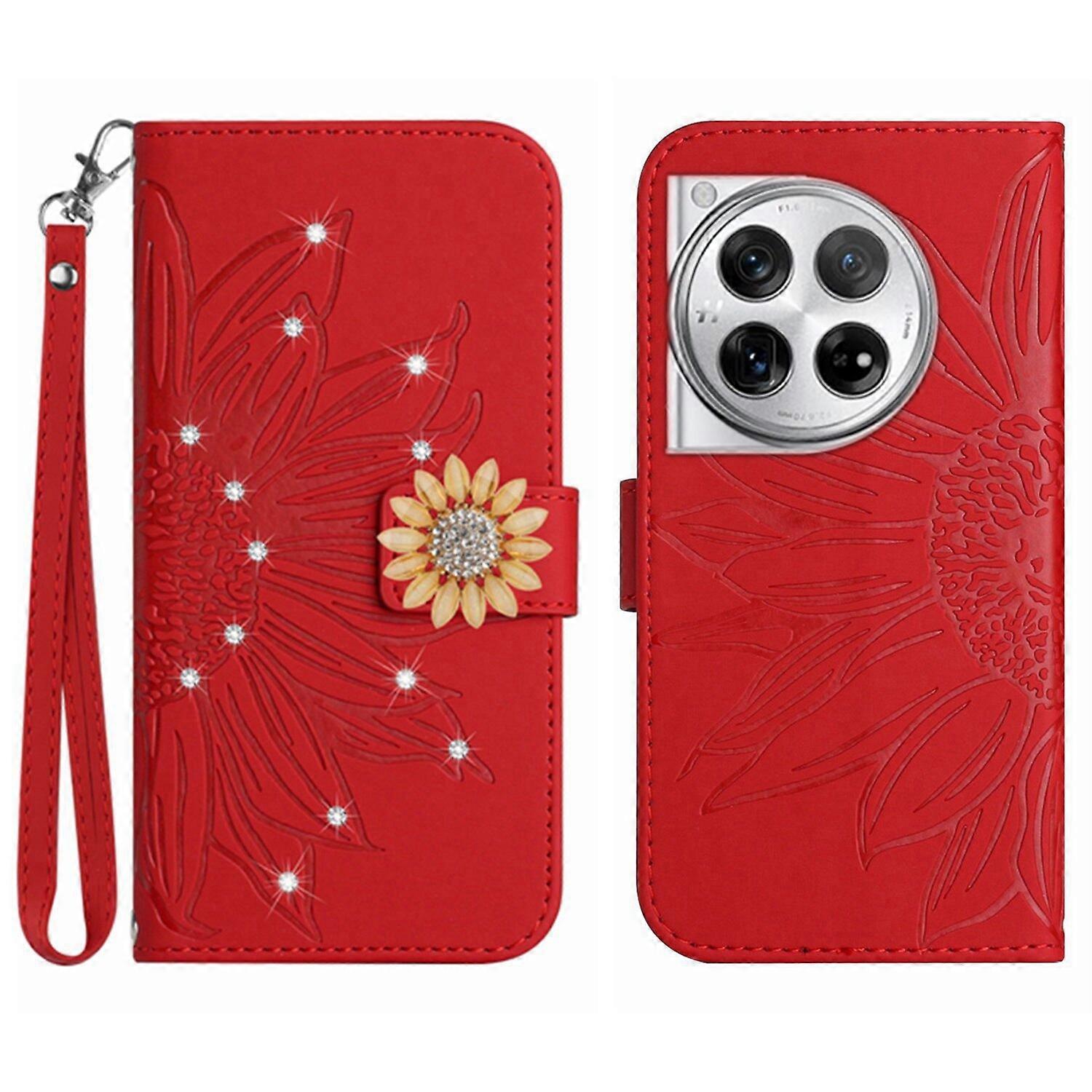 Compatible With OnePlus 12 5G Embossed Sunflower with Diamonds Magnetic Card Holder Wallet Phone Case with Short Strap