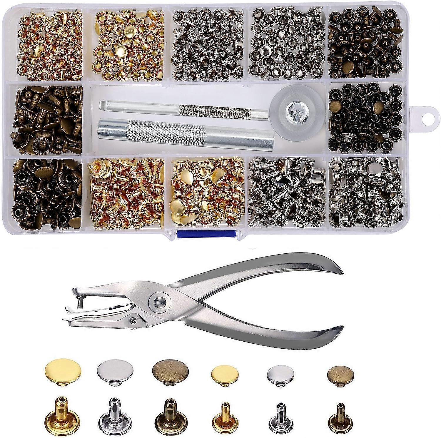 Leather Rivets - 240 Set - 2 Sizes - Double Rivet Tubular Metal Studs - with 3 Pieces Fixing Tool - 3 Colors