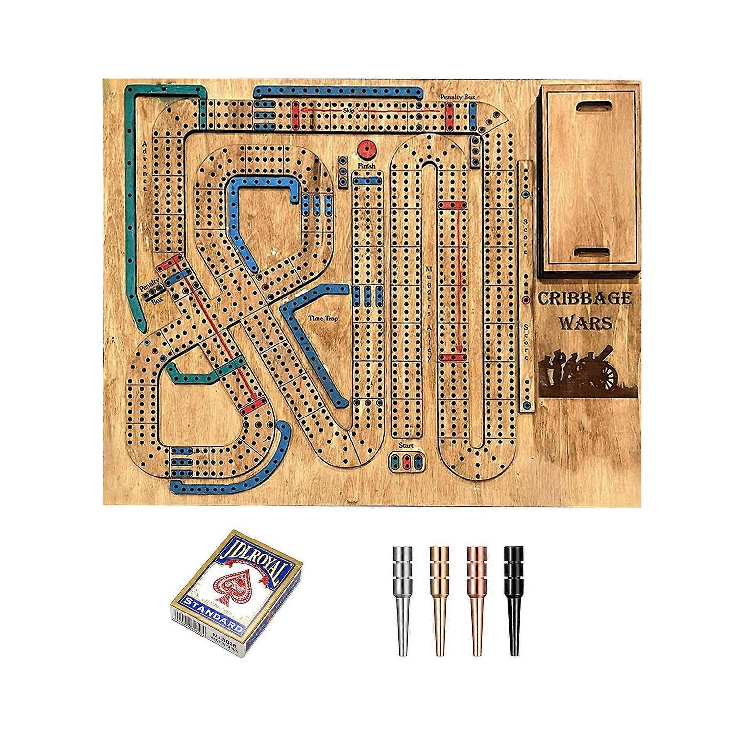 1 Set Cribbage Wars Board Game with Playing Cards Pegs Wooden Interactive Portable Continuous