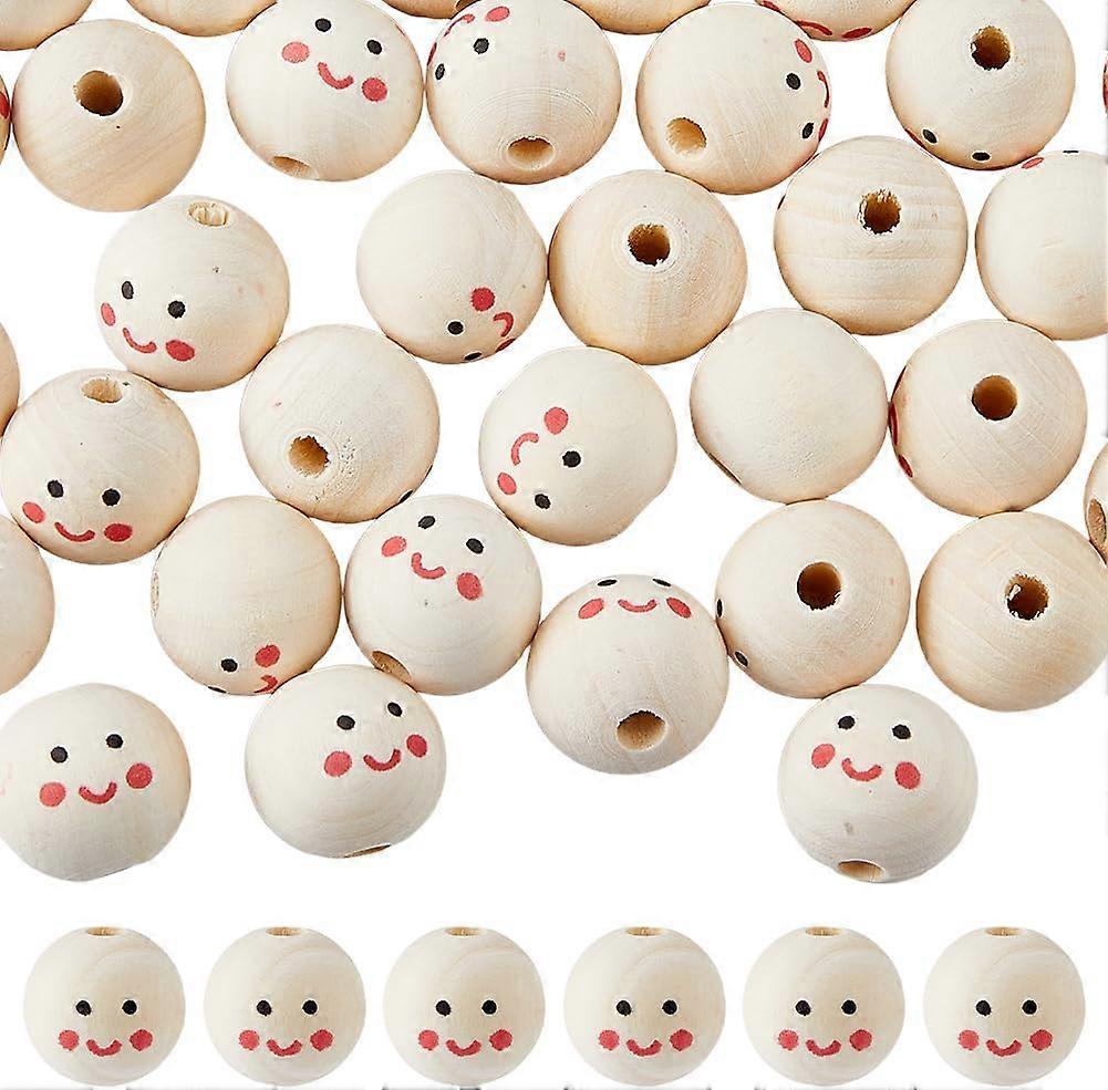 40Pcs Printed Wood European Beads Large Hole Round Bead with Smiling Face Pattern Undyed Bisque 24.5x22.5mm Hole: 4.9mm