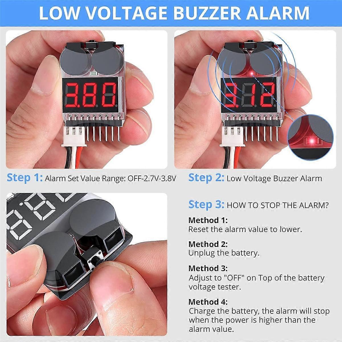 2 IN 1 1-8S Lipo/Li-ion/Fe Battery Voltage Tester Low Voltage Buzzer Alarm Checker For Vehicles & Remote Control Toys