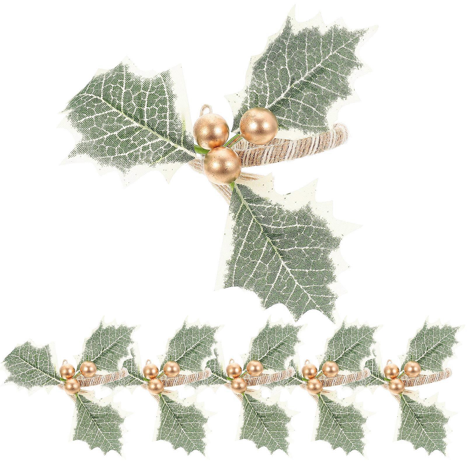 6pcs Serviettes De Serviette Boucles Noël Simulé Feuilles Vertes et Baies Design Ronds De Serviette