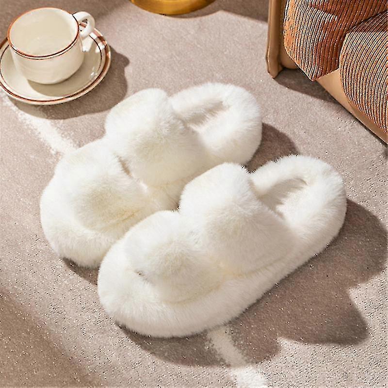 Fuzzy Slippers Women Furry Cross Band House Slippers Open Toe Slipper Slides Rabbit Fur With Memory Foam Insole