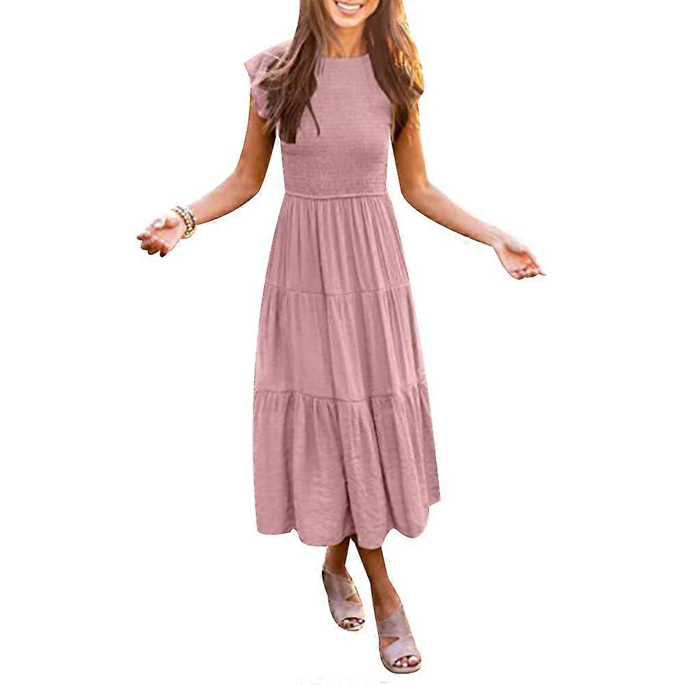 Spring Dresses For Women 2023 Crew Neck Elastic Waist Flowy Tiered Mini Dress