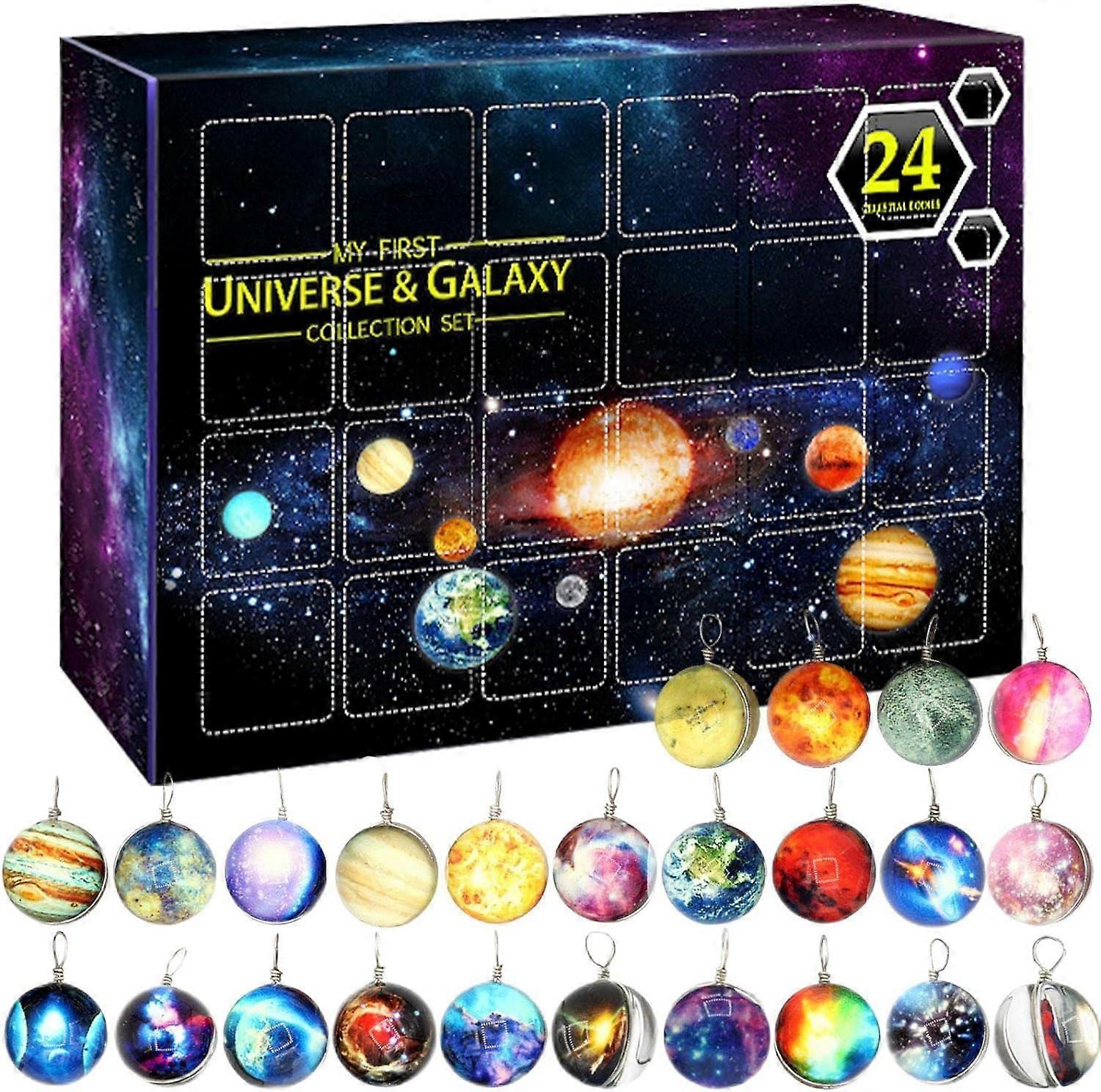 Vesmírny vianočný adventný kalendár - 24-dňový odpočítavací kalendár Sada kolekcií kozmických galaxií - sada planetárnych kolekcií - sada adventného kalendára na rok 2023