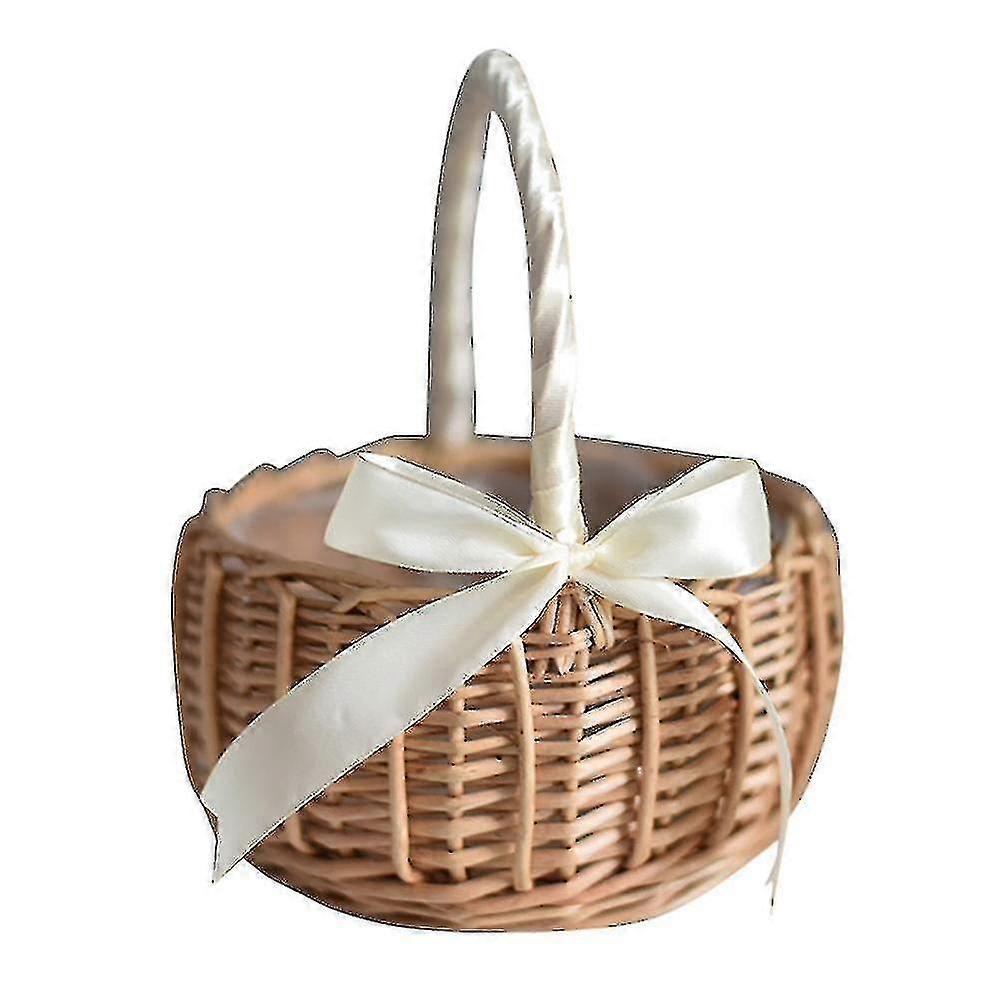 Wicker Flower Basket With   And White Ribbon Wedding