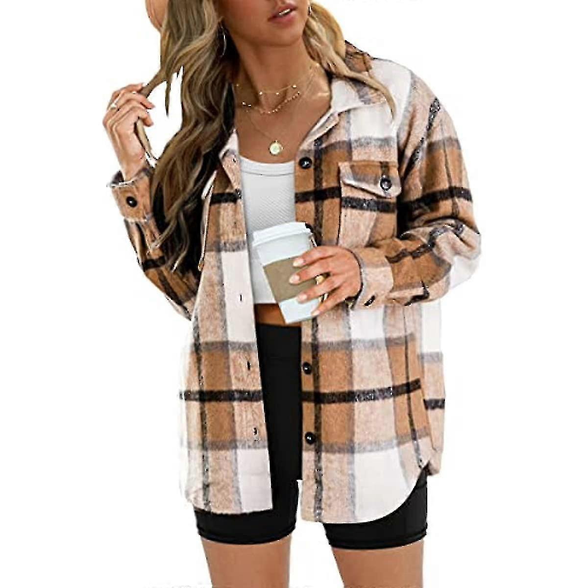 Women's Casual Plaid Shacket Wool Blend Button Down Long Sleeve Shirt Fall Jacket Shackets
