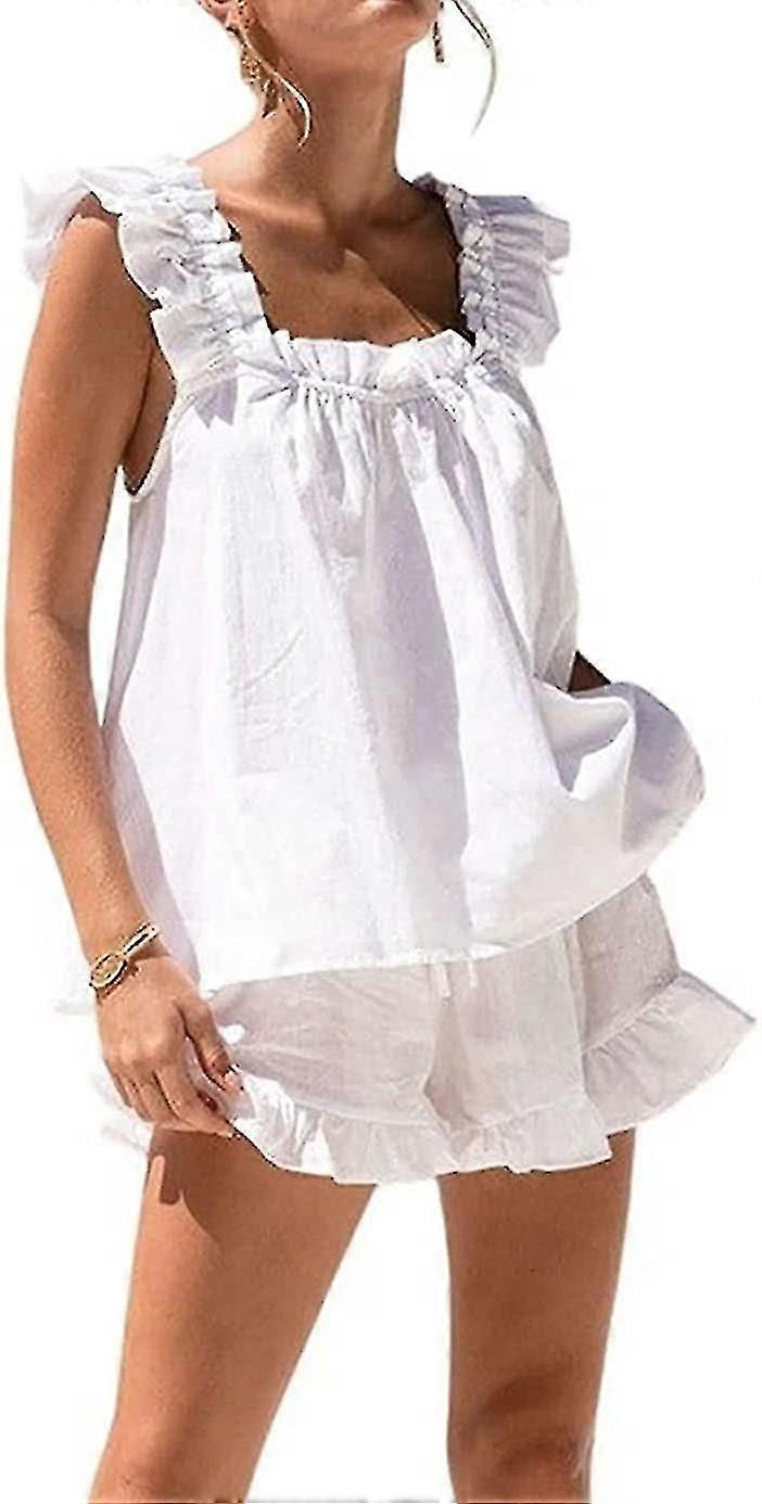 Bayan 2 Parça Set Yaz Modası Fırfır Trim Cami Ve Rahat Şort Seti Pamuklu Pijama Takımları