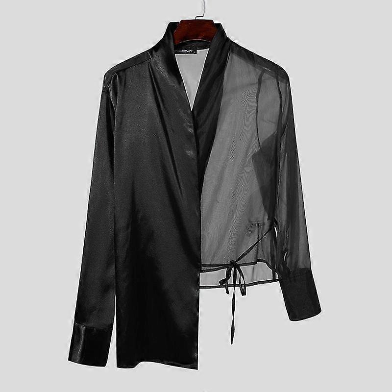 INCERUN Men Long Sleeve Satin Mesh Sheer Patchwork Irregular Party Loose Shirts
