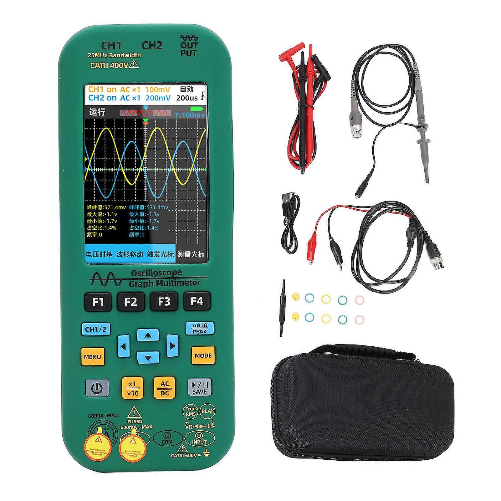 Oscilloscope Multimeter DDS Generator 3 in 1 Large Screen Dual Channel 25MHZ Bandwidth 208 MSa/s Handheld Oscilloscope Multimeter