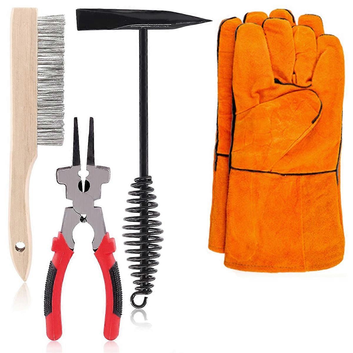5Pcs Welding Slag Removal Tool Set:Welding Chipping Hammer with Coil Spring Handle,Wire Brush and W