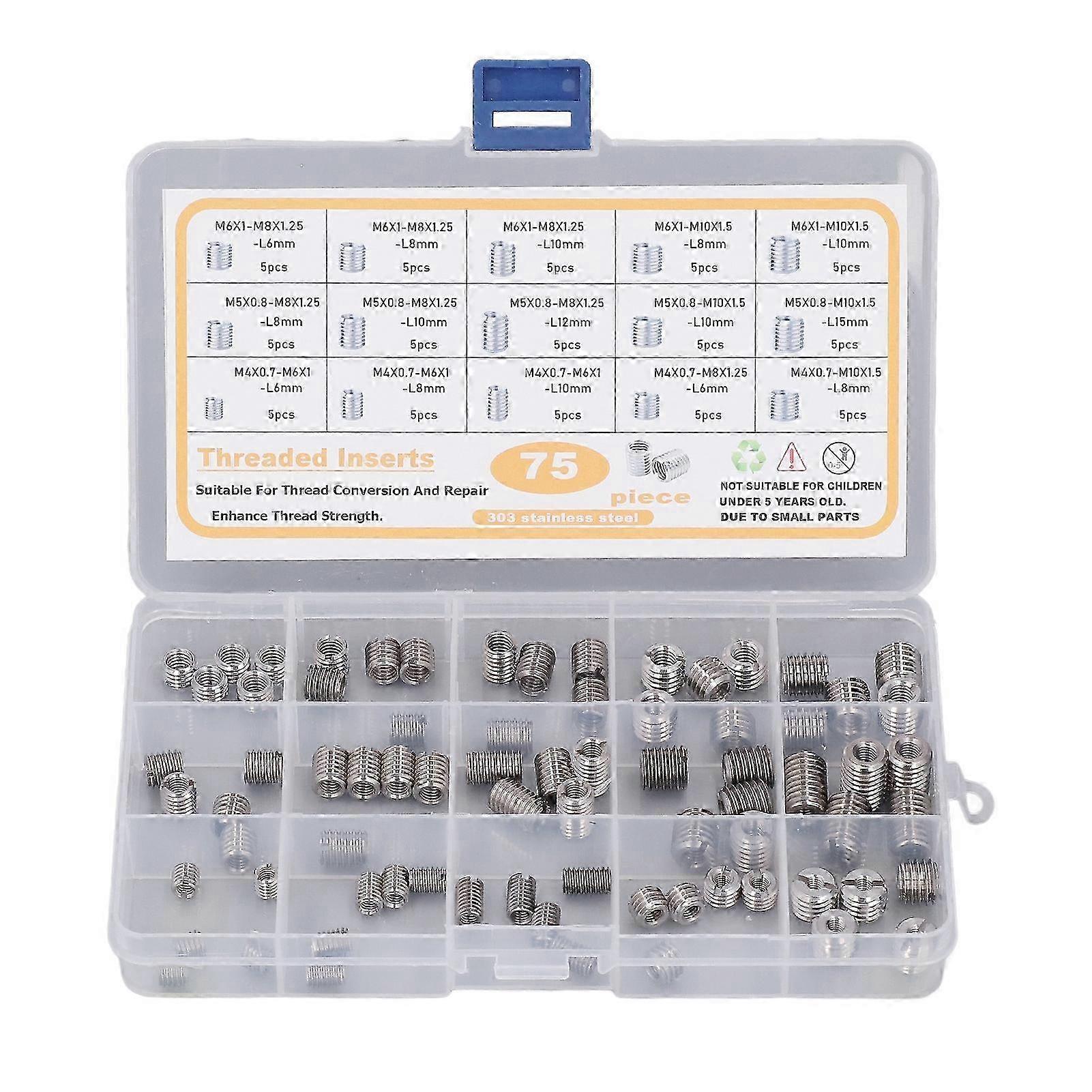 75 pièces en acier inoxydable inserts filetés écrous assortiment kit d’outils pour la réparation de filetage