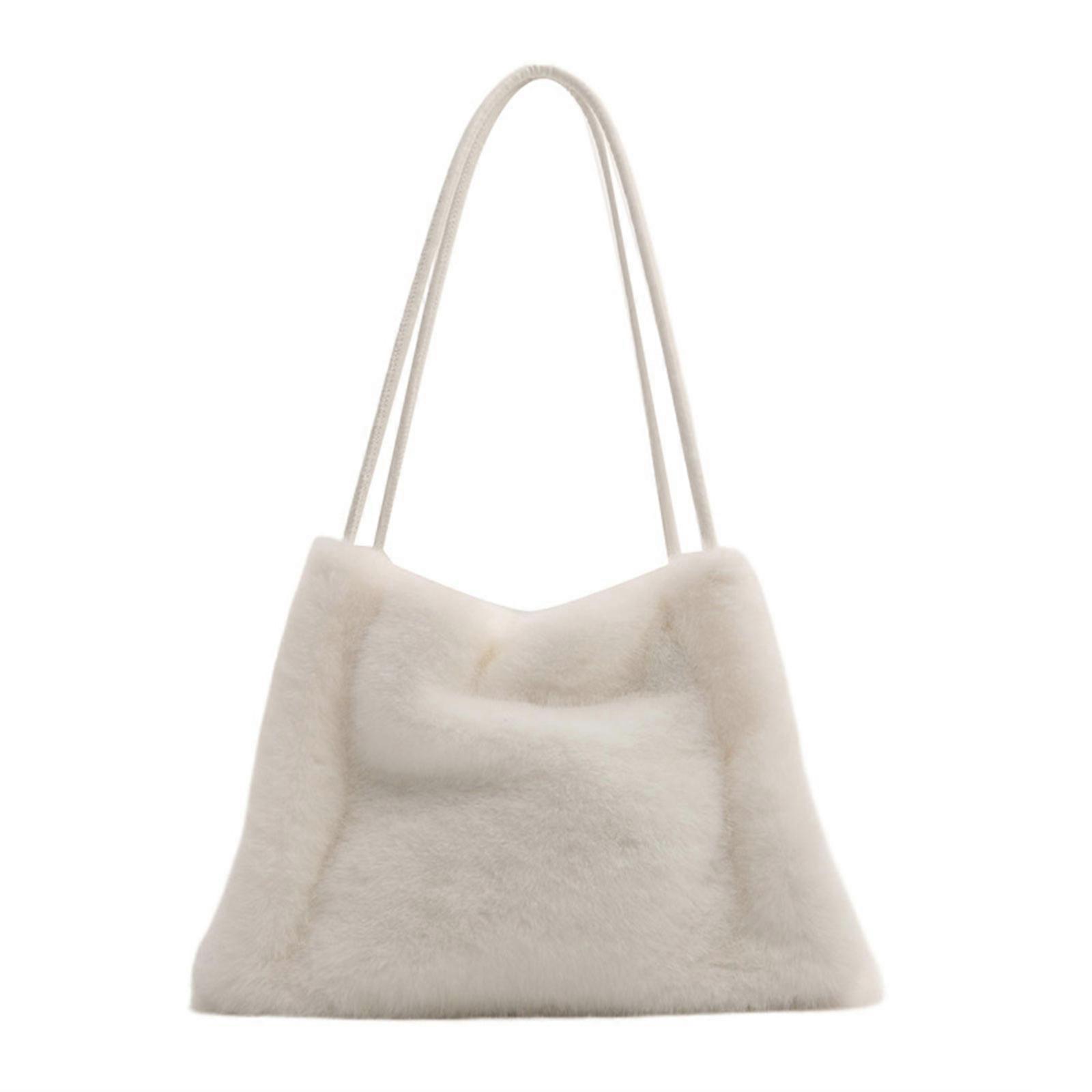 Elegant Solid Color Furry Bucket Purse for Ladies Spacious Practical Plush Shoulder Bag Handbag for Commuters Students White