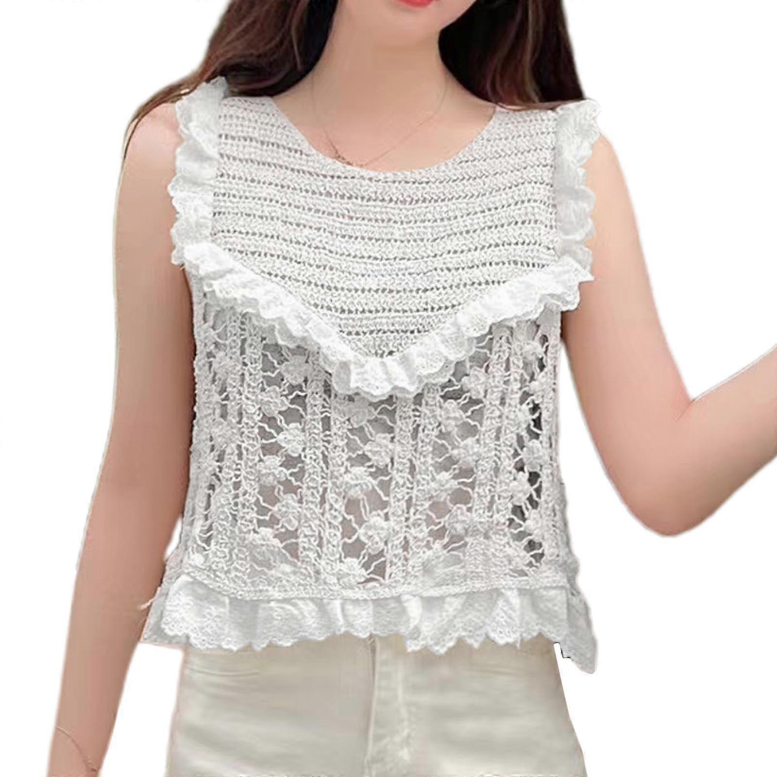 Women Summer Seaside Round Neck T Shirt Hollow out Crochet Vest Stitching Ruffle Hem Tank Top Holiday Vacation T Shirt  One Size White