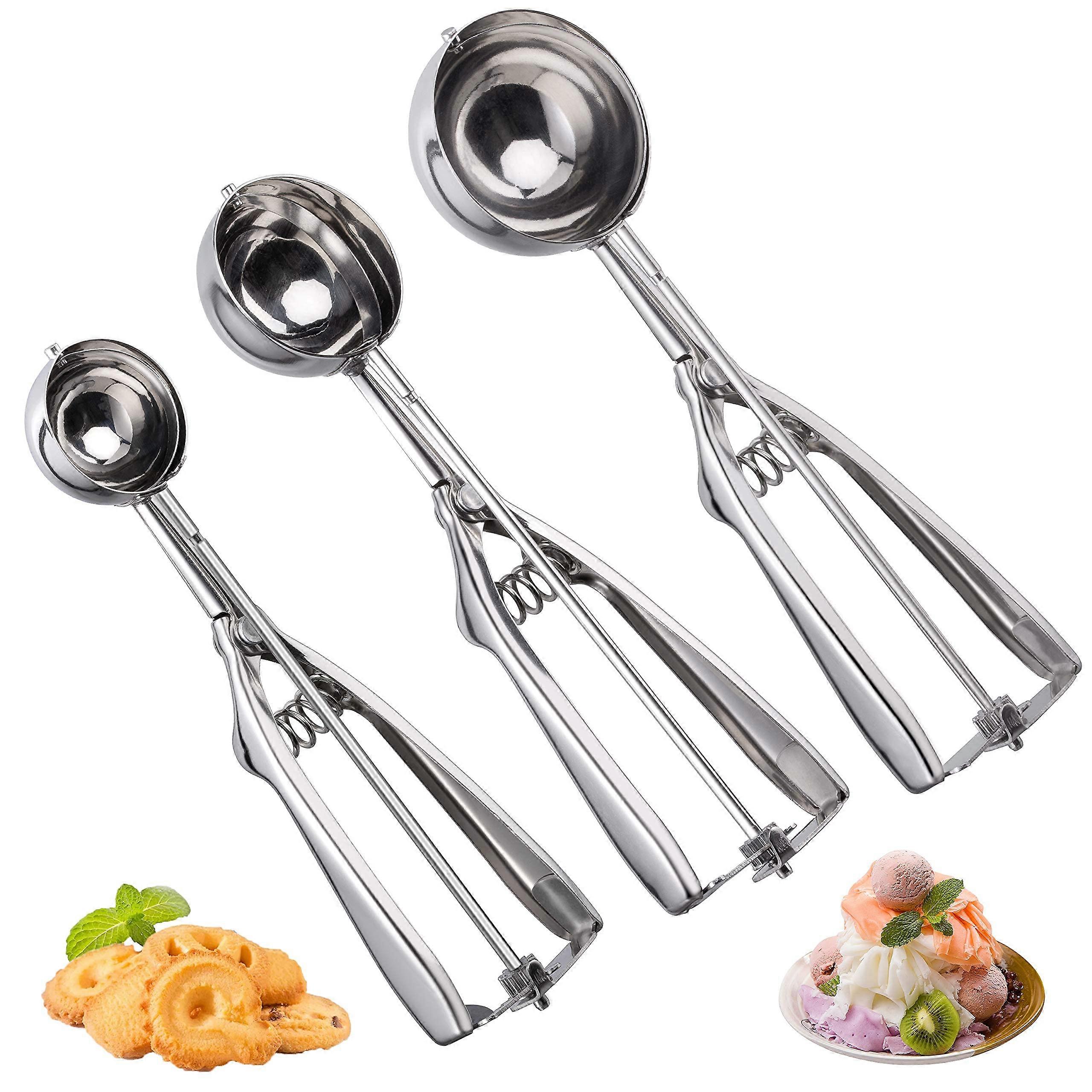 Cookie Scoop Set of 3 - Stainless Steel Cookie Dough Scoops in Small, Medium, and Large Sizes with Ergonomic Handle