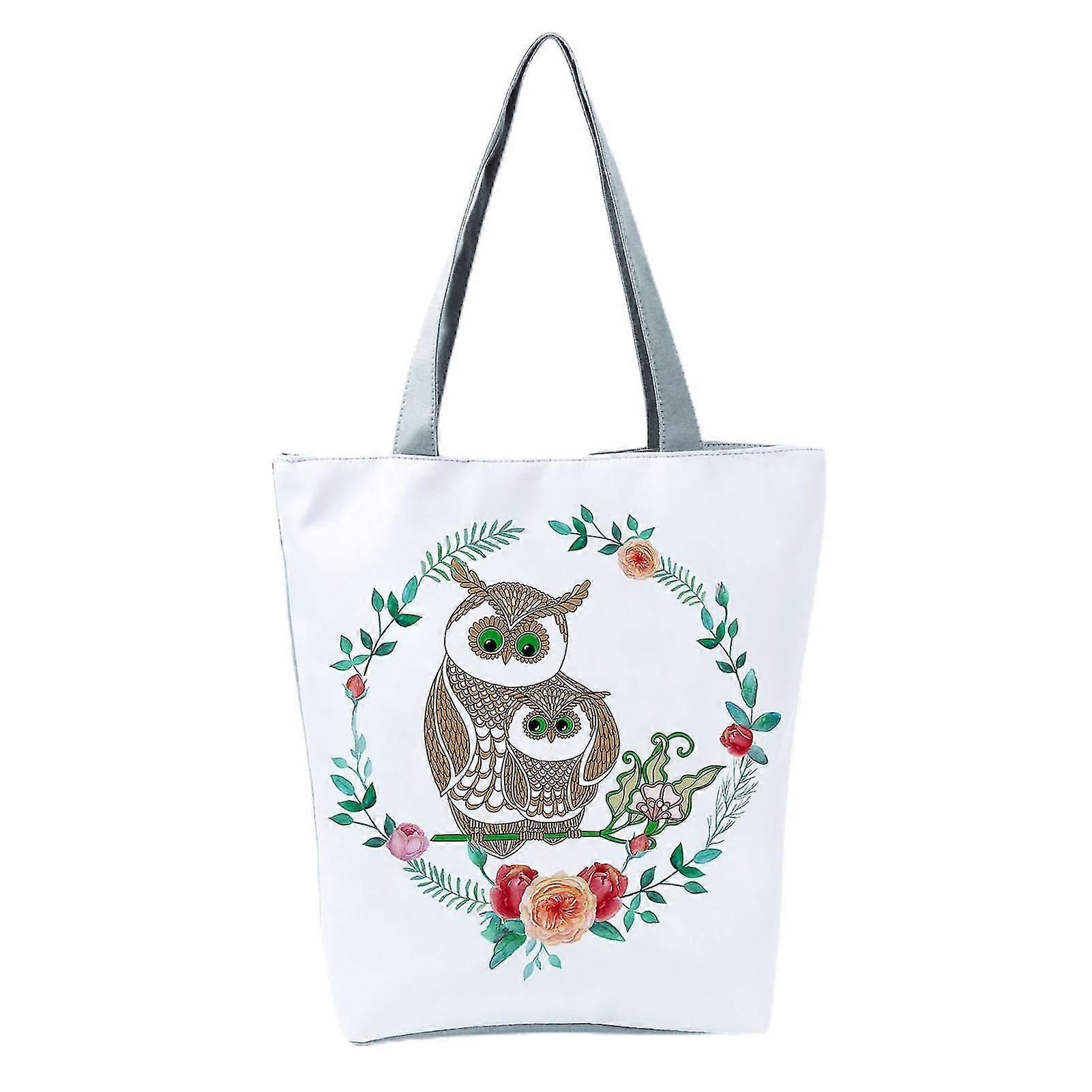 Reinforced Stitching Durable Fabric Shoulder Bag Foldable Cute Owl Print Large Capacity Top-handle Bag For Daily Life