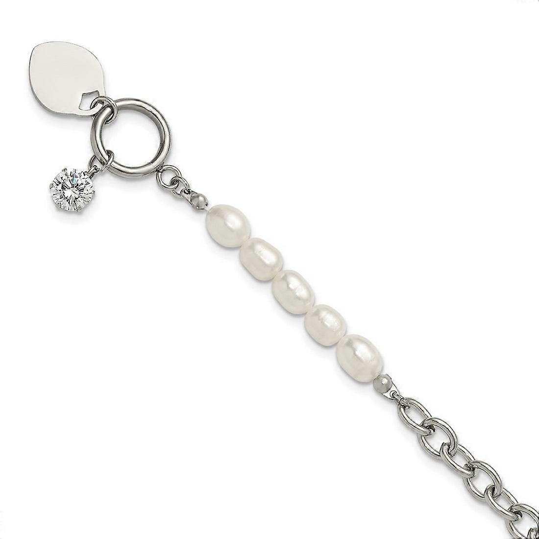 6mm Stainless Steel Polished Freshwater Cultured Pearl and Cubic Zirconia Love Heart Bracelet 8.25 Inch Link-Bracelet fo