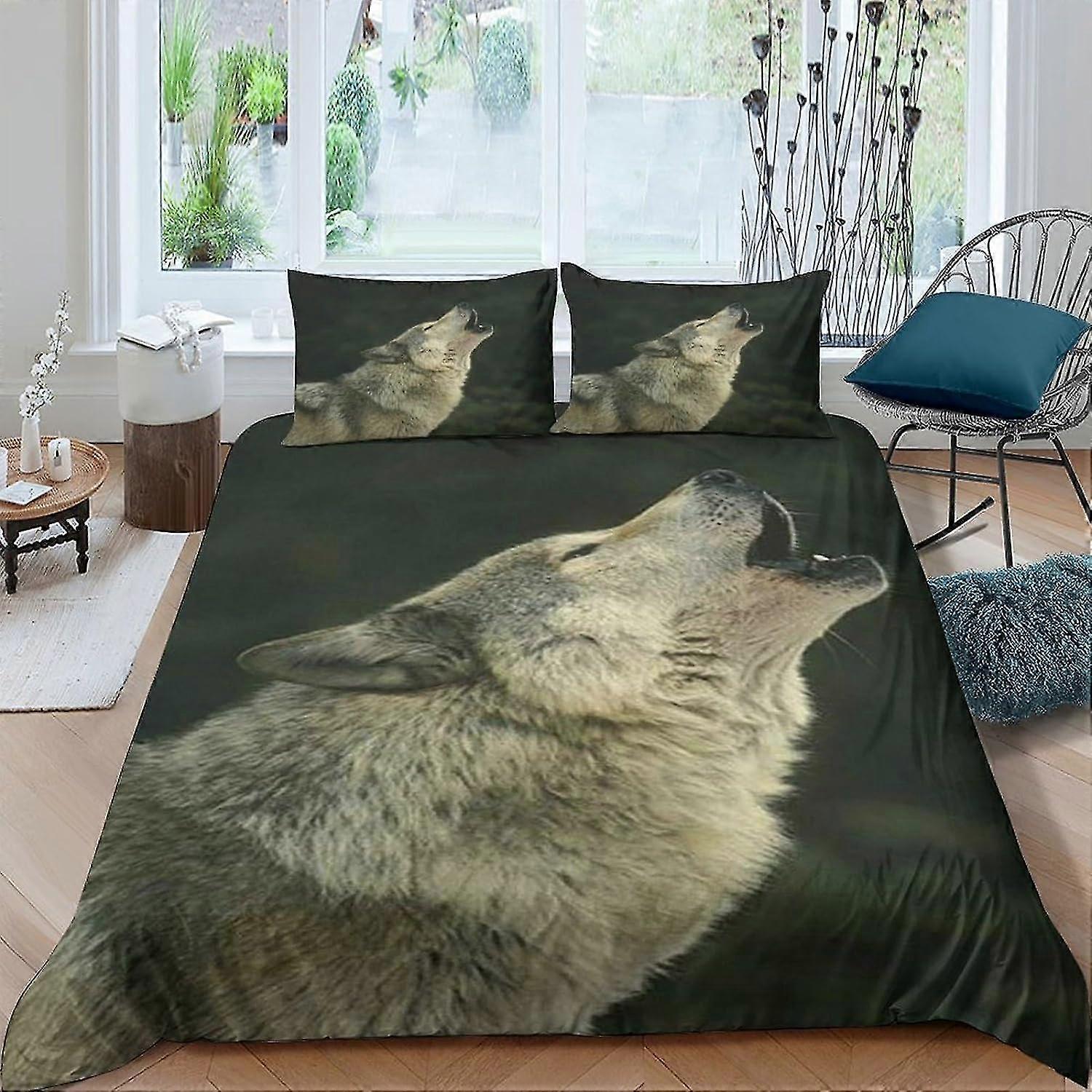 Wolf Bedrukt Dekbedovertrek Set Beddengoed Set 3 Stuks Zachte Microfiber Dekbedovertrek met Kussenslopen en Ritssluiting King Size