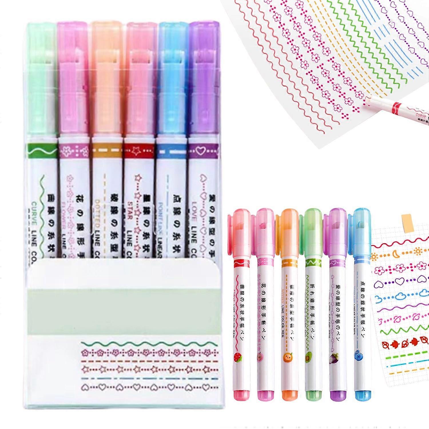 Magic Border Pen, 6 Colors Funny Magic Border Pens, Portable Curve Highlighter Pen Set for Drawing Note Taking, Office, Study Supplies (1 Set).
