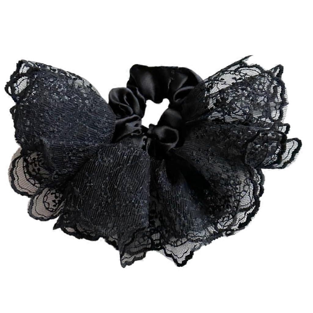 Ballet Skirt Lace Double Layer Ruffled Scrunchie with Invisible Elastic Core Hair Accessory for Women Black