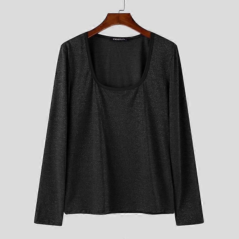 INCERUN Men Square Collar Long Sleeve Glitter Casual Fitted T-shirts Undershirts