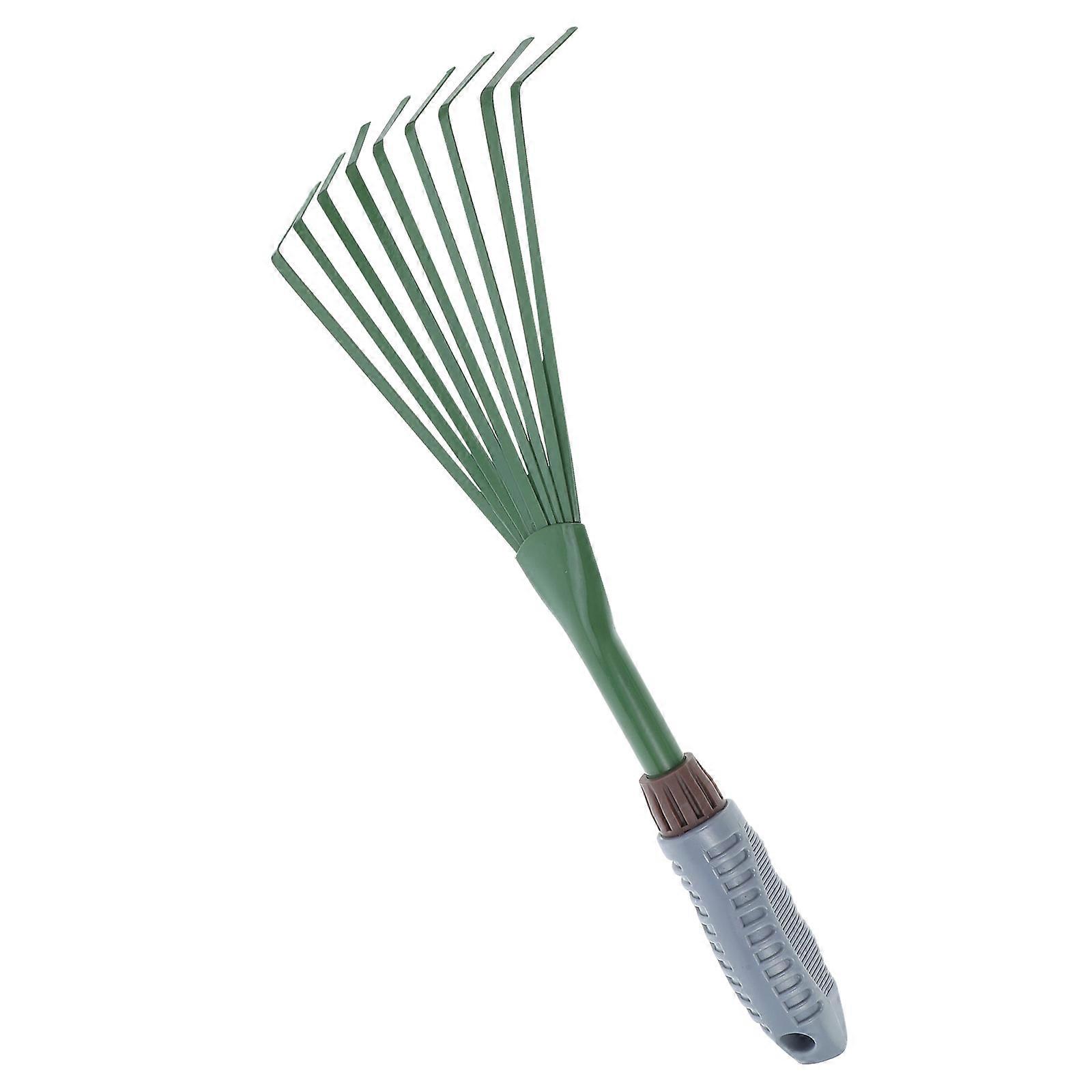 Garden Rake with 9 Teeth Design for Cleaning Leaves and Pet Excrement in Green Color Made of Durable Iron