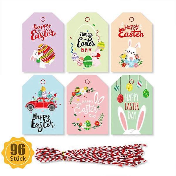 Easter Gift Tags, 96 Pcs Happy Easter, Easter Bunny Paper Tags with String, Easter Bunny Tags for Easter Party