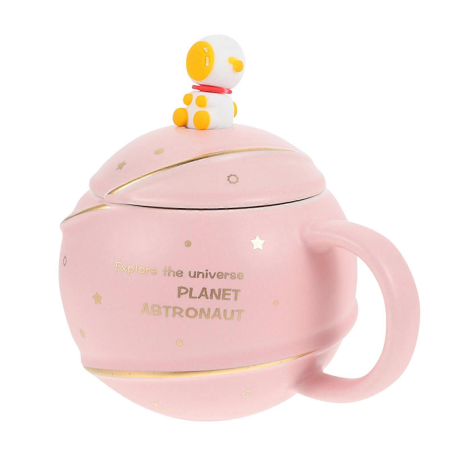 Astronaut Ceramic Cup With Lid And Spoon For Home Office Use In Pink Color Featuring Daily Drinking Use In 1 Set