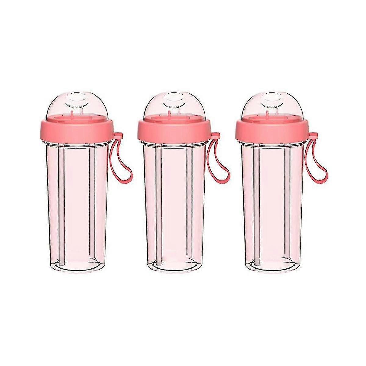 Pink plastic double drinking cups, 3-piece set, detachable straw and leak-proof design