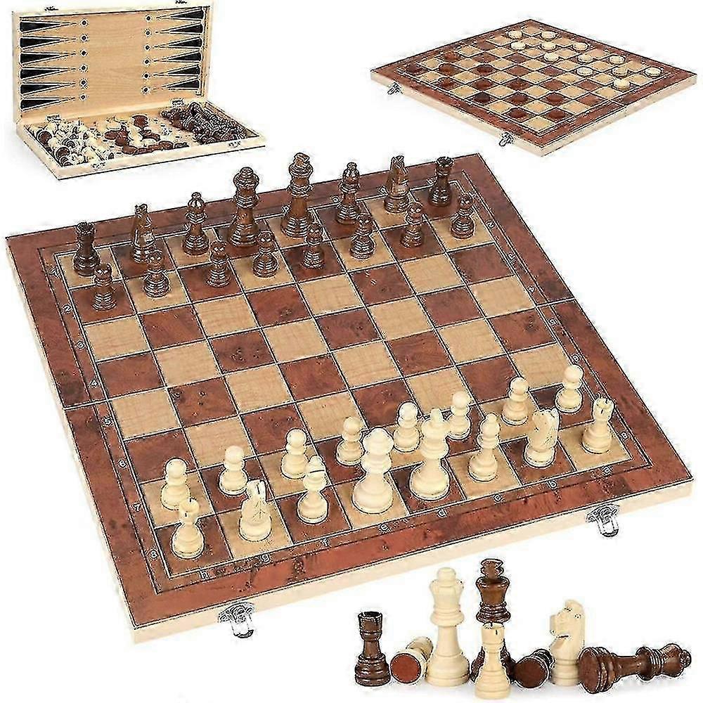Wooden 3-in-1 Game Set with Chess, Checkers, and Backgammon Board