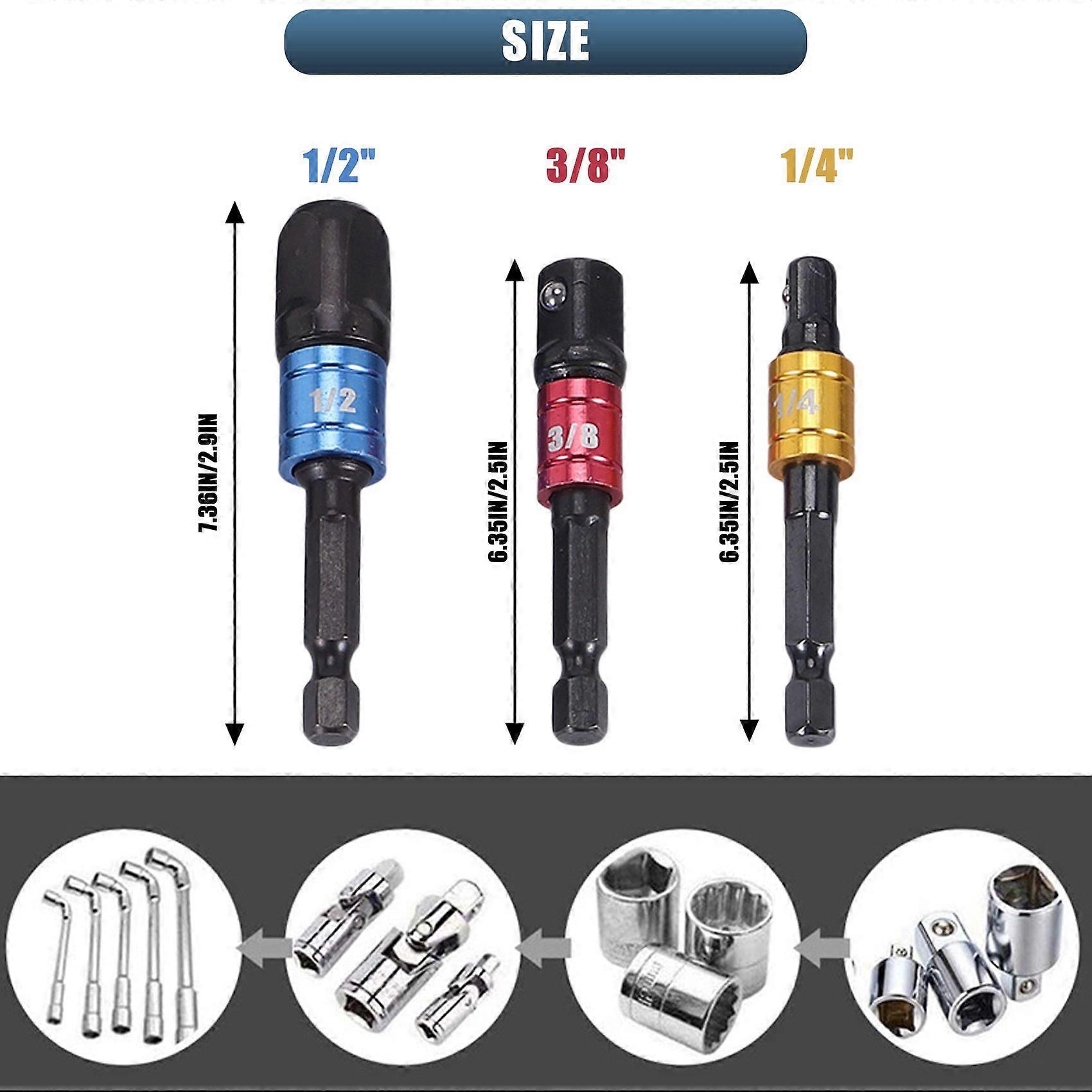 Flexible Drill Extension Hex Shank Drill Nut Driver Bit Set, 3Pcs Universal Socket Adapter Set, Scr
