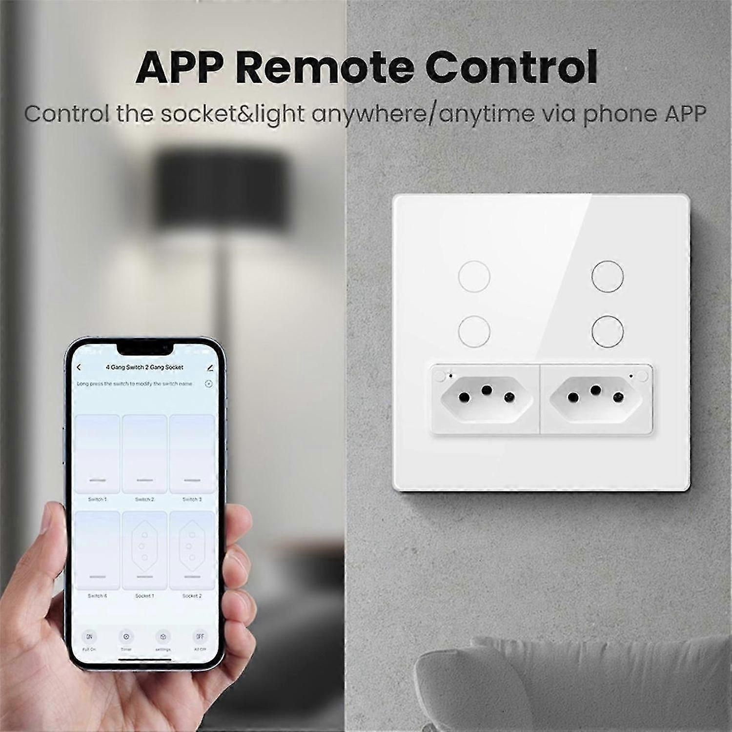 Tuya WiFi Smart Brazil Wall Switch and Socket,Standard Panel 4 Buttons Switch for Alexa Home Black
