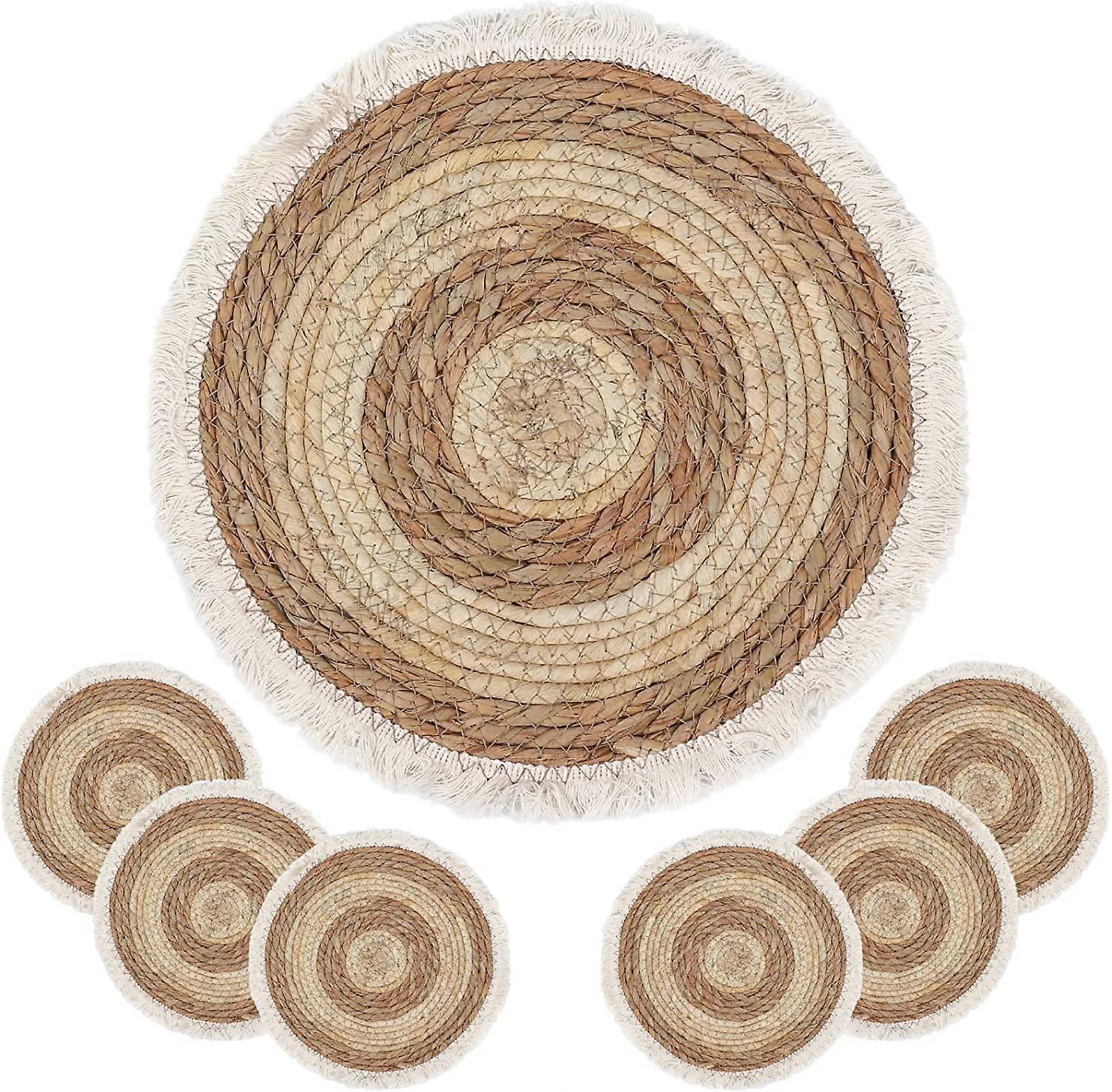 Natural Round 4/6/8 Of Set Straw Braided Placemat With Tassel Boho Handmade Rattan Weave Heat Resistant Mats For Kitchen Table Decor(9.8")