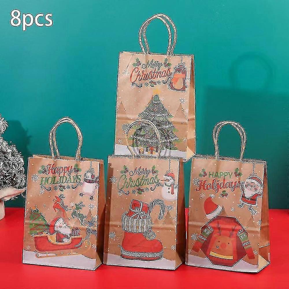 Christmas Gift Bags,8 Piece Christmas Kraft Paper Gift Bag Reusable Christmas Gift Pouch Christmas P