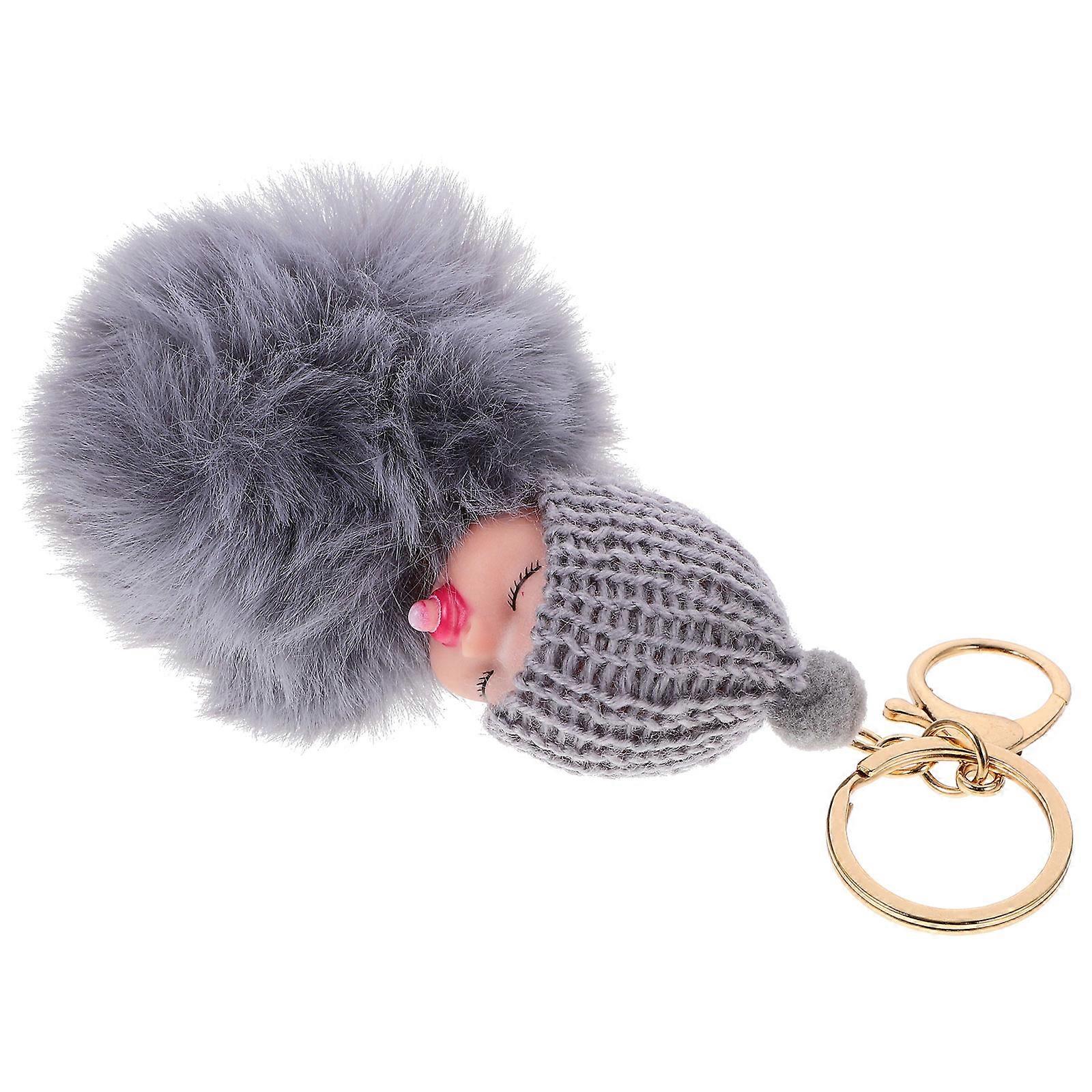 Keychain Plush Doll Pom Pom Sleeping Doll Shape Keychain Car Accessory Grey Plush Material for Key Suspension 1Pack