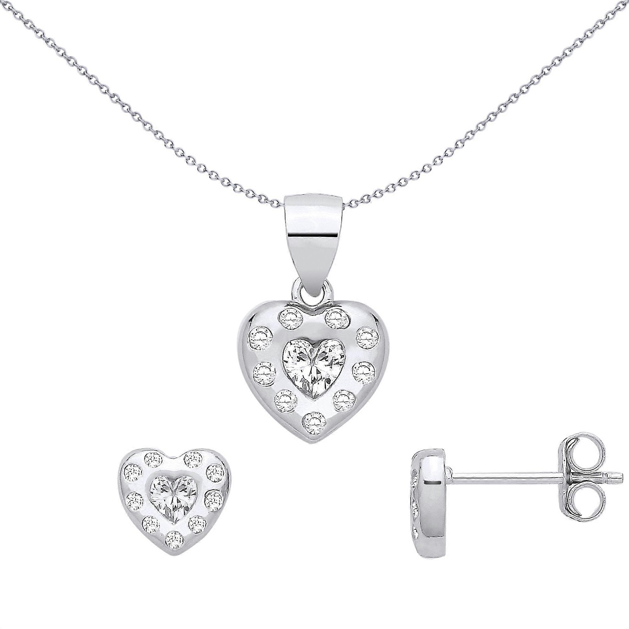 Jewelco London Sterling Silver CZ Heart Earrings & Pendant Set