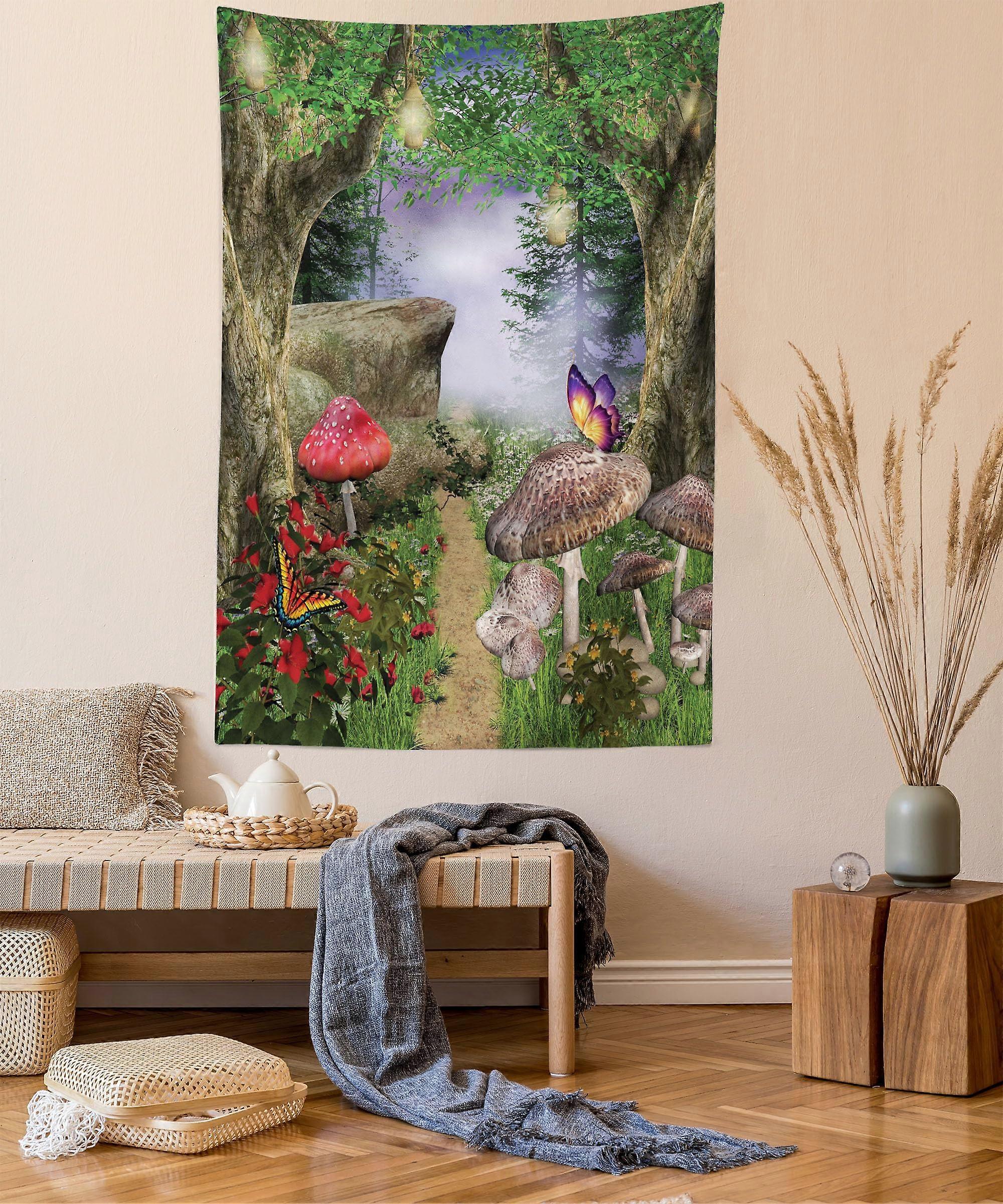 Mushroom Tapestry Queen Size with Enchanted Nature Pathway and Butterflies, Wall Hanging Bedspread 88'x88' Tan Green Red