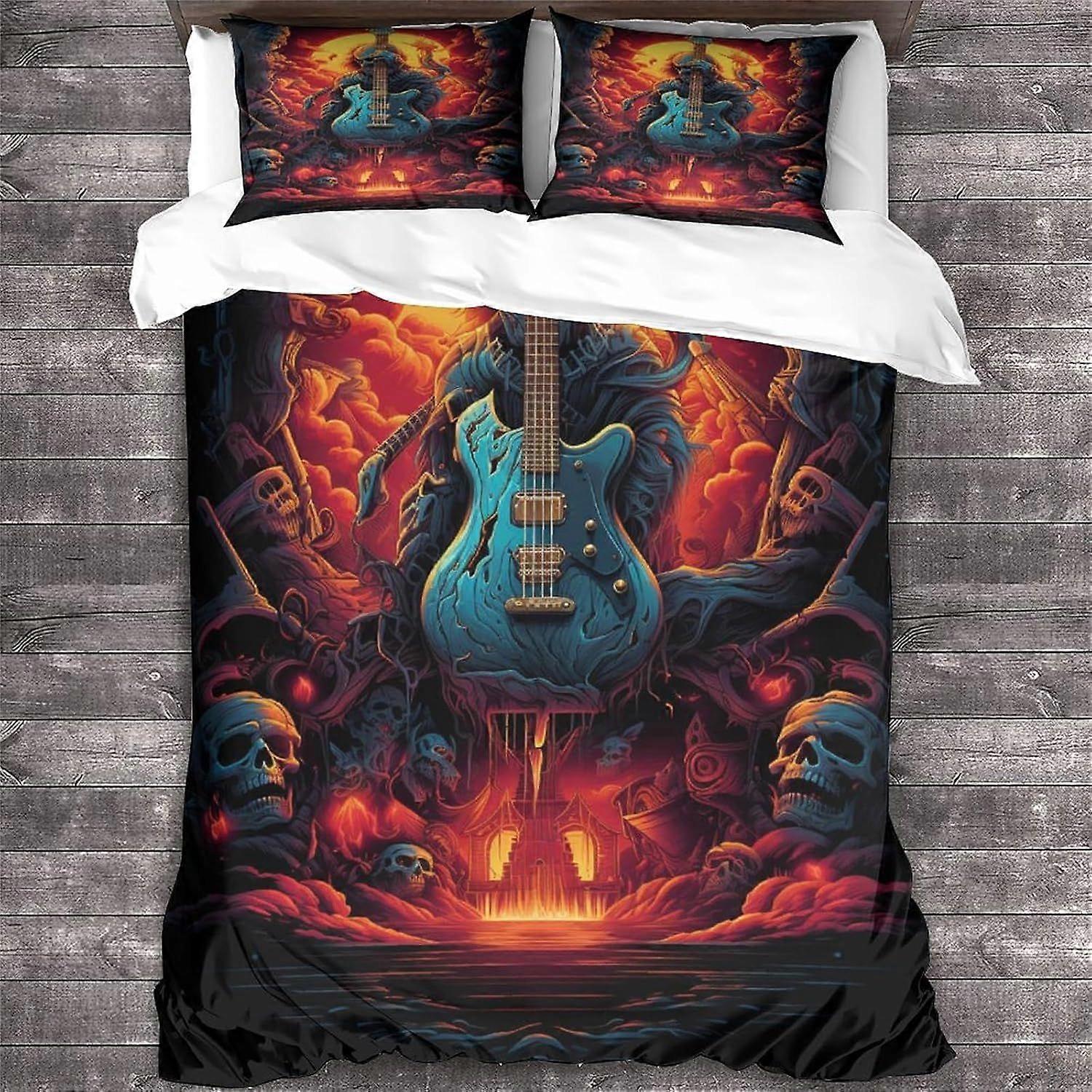 Rock 'n' Roll Edredom Capa Heavy Metal Guitarra Design Roupa de Cama Set Microfibra Macia com Zíper Fechamento Colcha Caveira Capa Frascas Rei