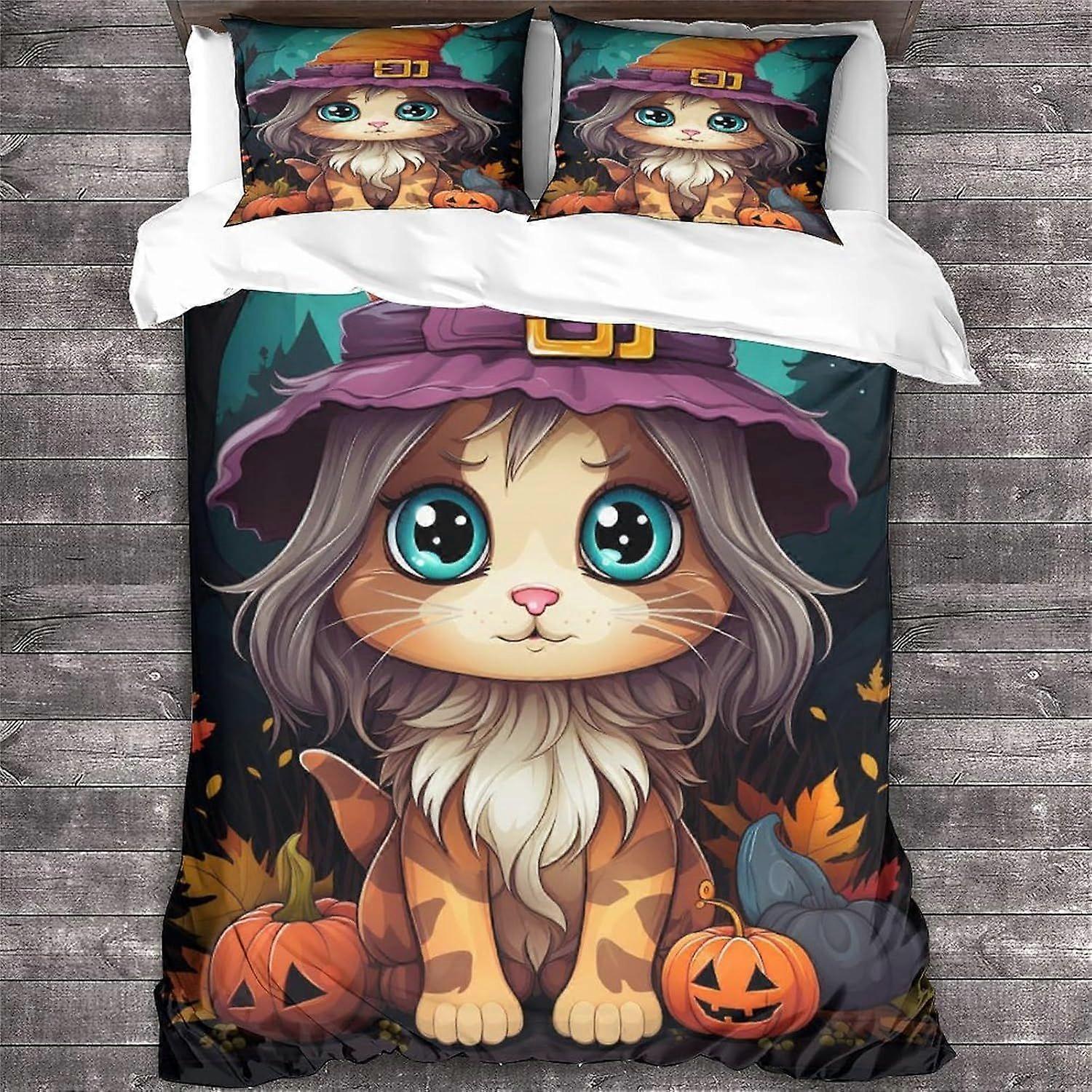 LikeEj Cat Sängkläder Set Djur Påslakan Halloween Täcke Täcke Täcke Täcke Barn Sängkläder Set 3 st Dubbel
