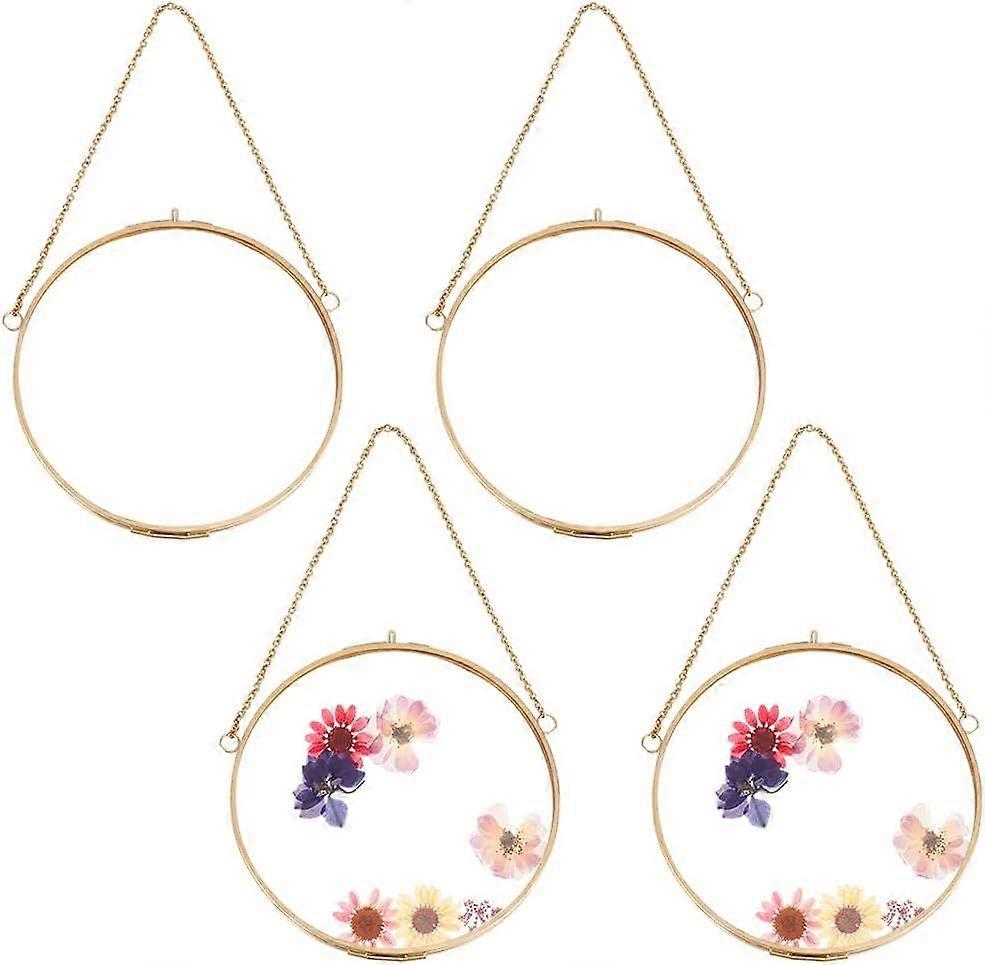 4pcs Round Hanging Glass Frame 5.7 Inch Wall Hanging Brass Floating Frame Double Glass Picture Frame with Chain DIY Artwork Display Frames for Pressed