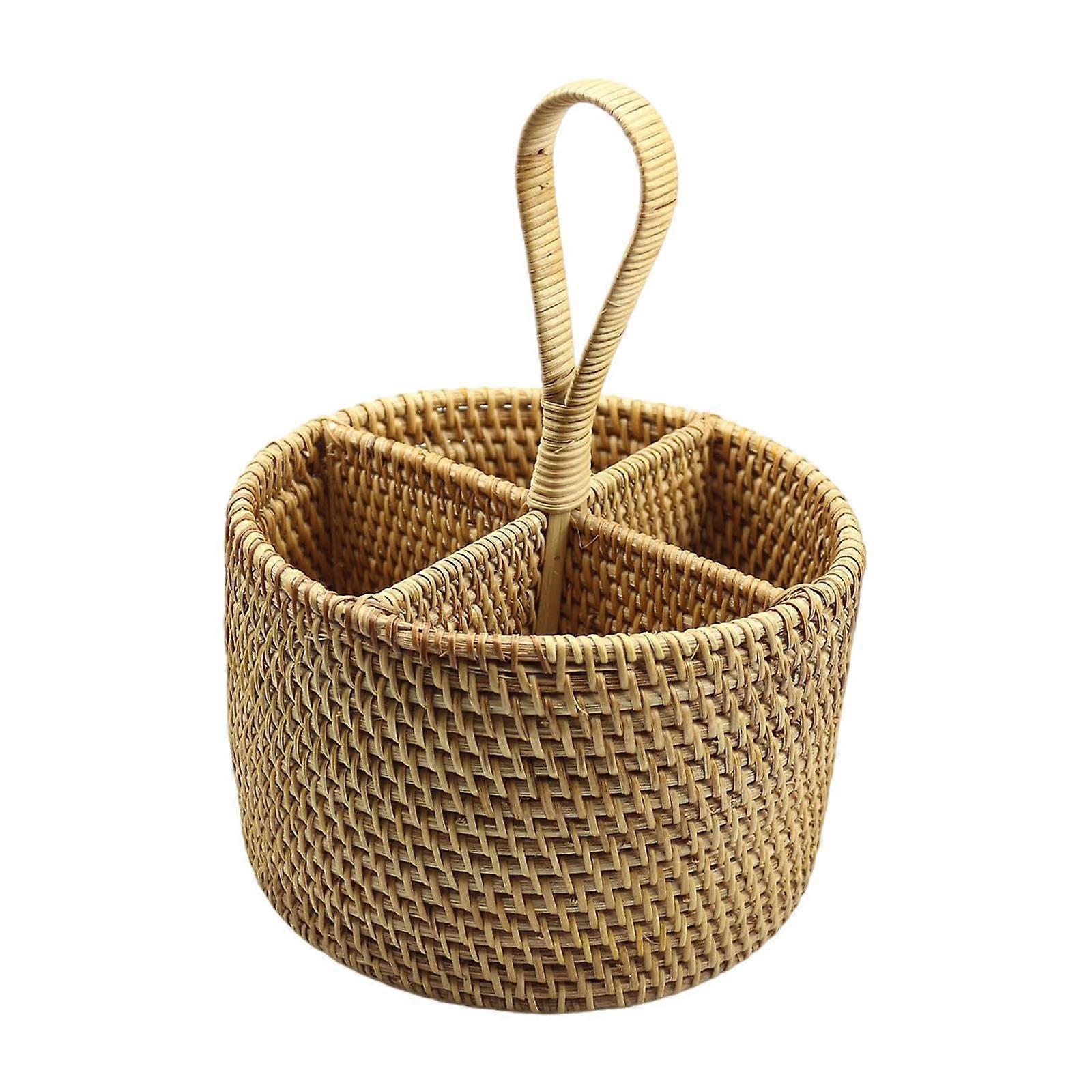 Rustic Rattan Cutlery Holder Kitchen Utensil Organizer with Handle for Flatware and Silverware