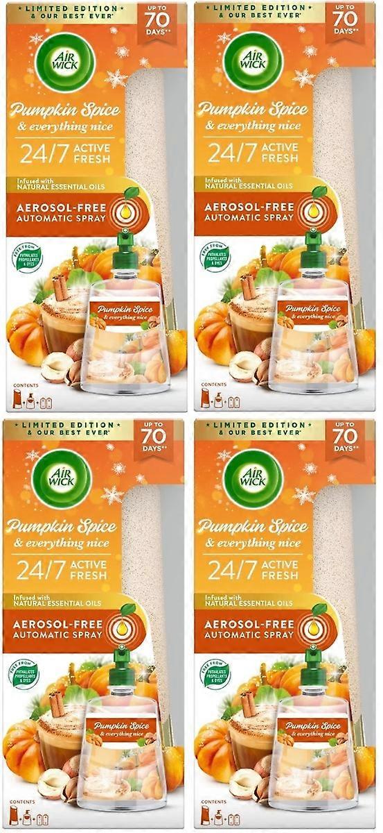 4 x Air Wick Active Fresh 24/7 Automatic Spray Diffuser Unit + Pumpkin Spice & Everything Nice Refill 228ml