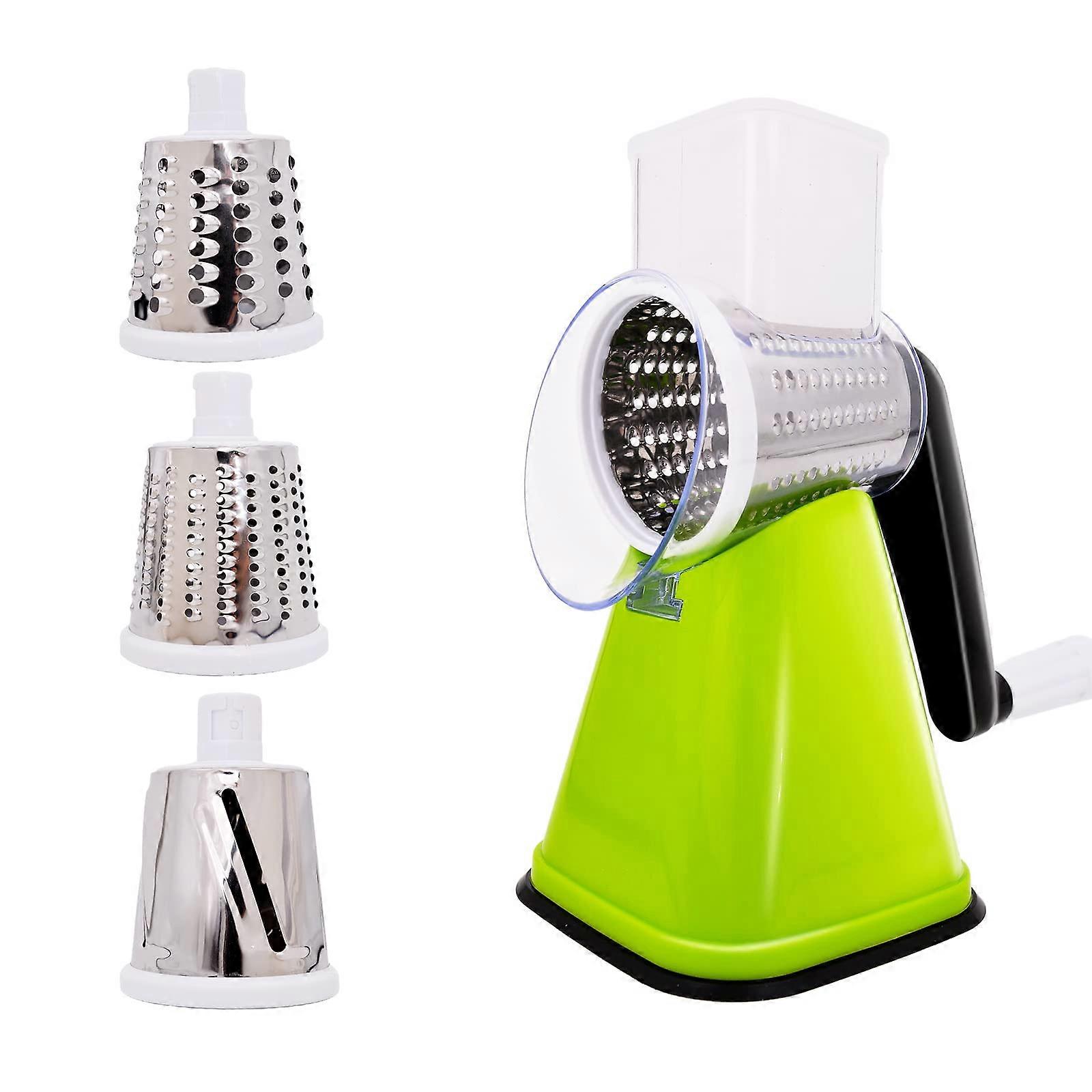 3in1 Rotary Cheese Grater and Manual Vegetable Slicer with 3 Stainless Steel Blades and Secure Suction Base
