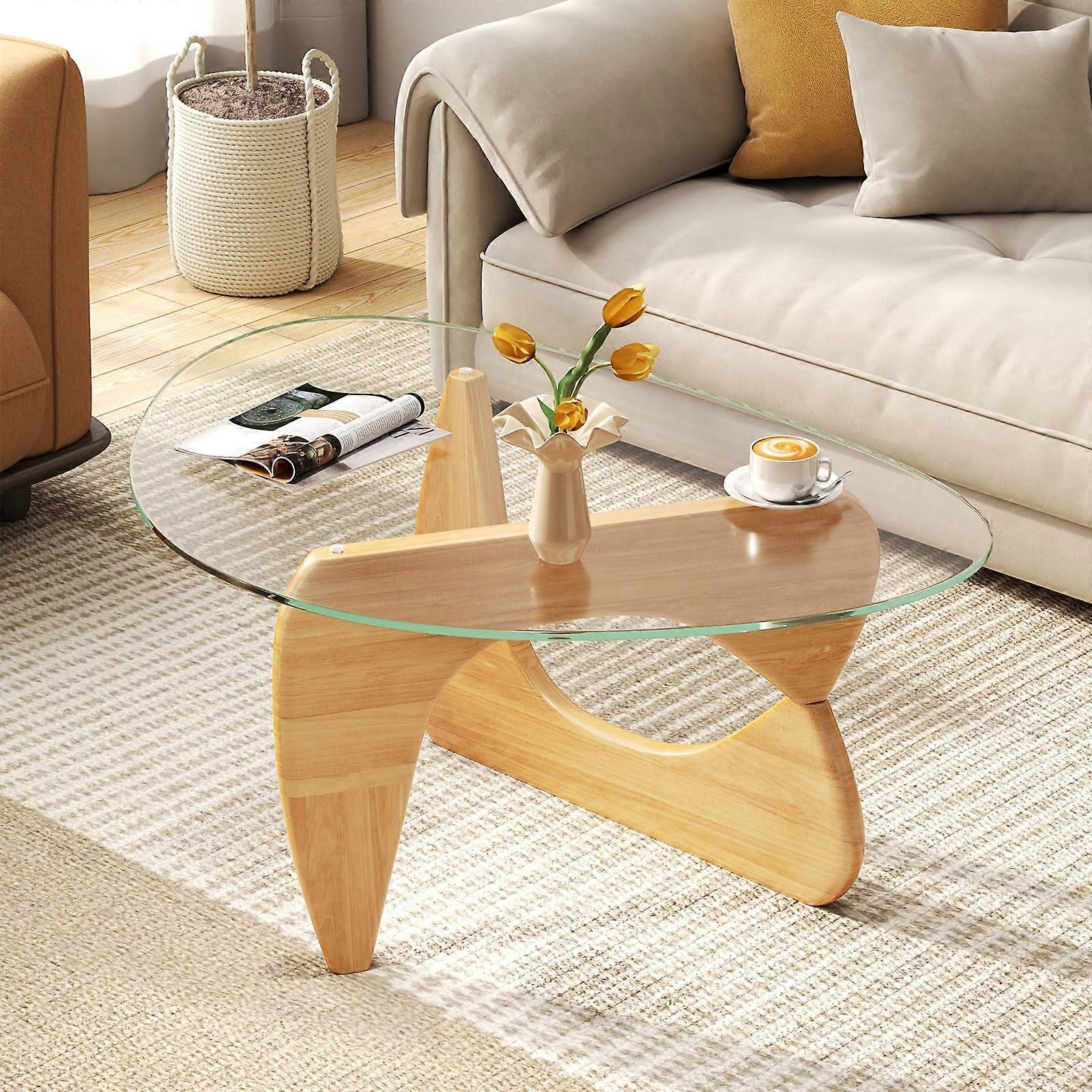 Glass Coffee Table with Adjustable Solid Wood Frame and Tempered Glass , Mid Century Modern Triangle Design for Living Room