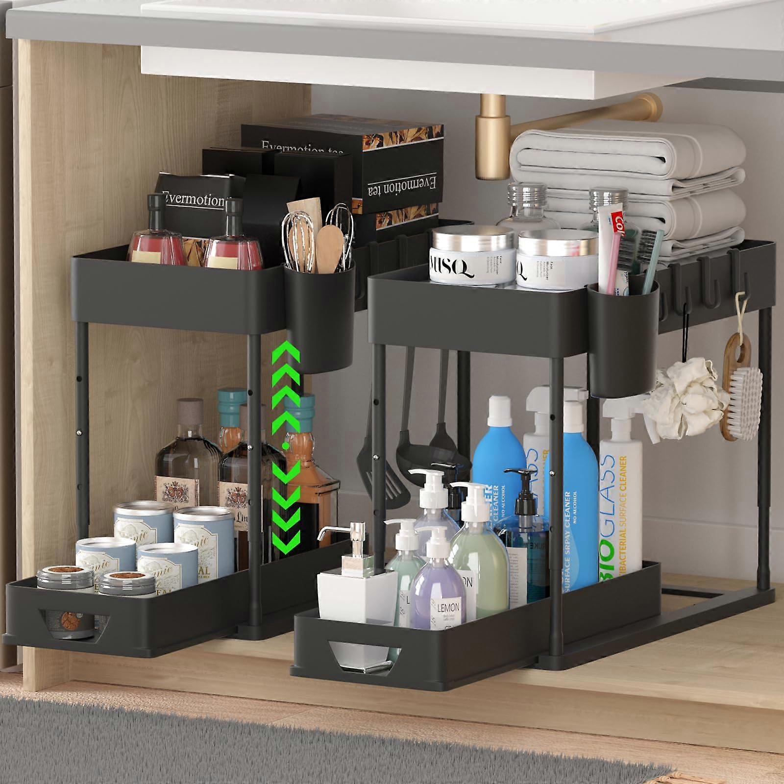 2 Pack Adjustable Height 2 Tier Under Sink Organizer Rack with Hooks for Kitchen and Bathroom Storage (Black)
