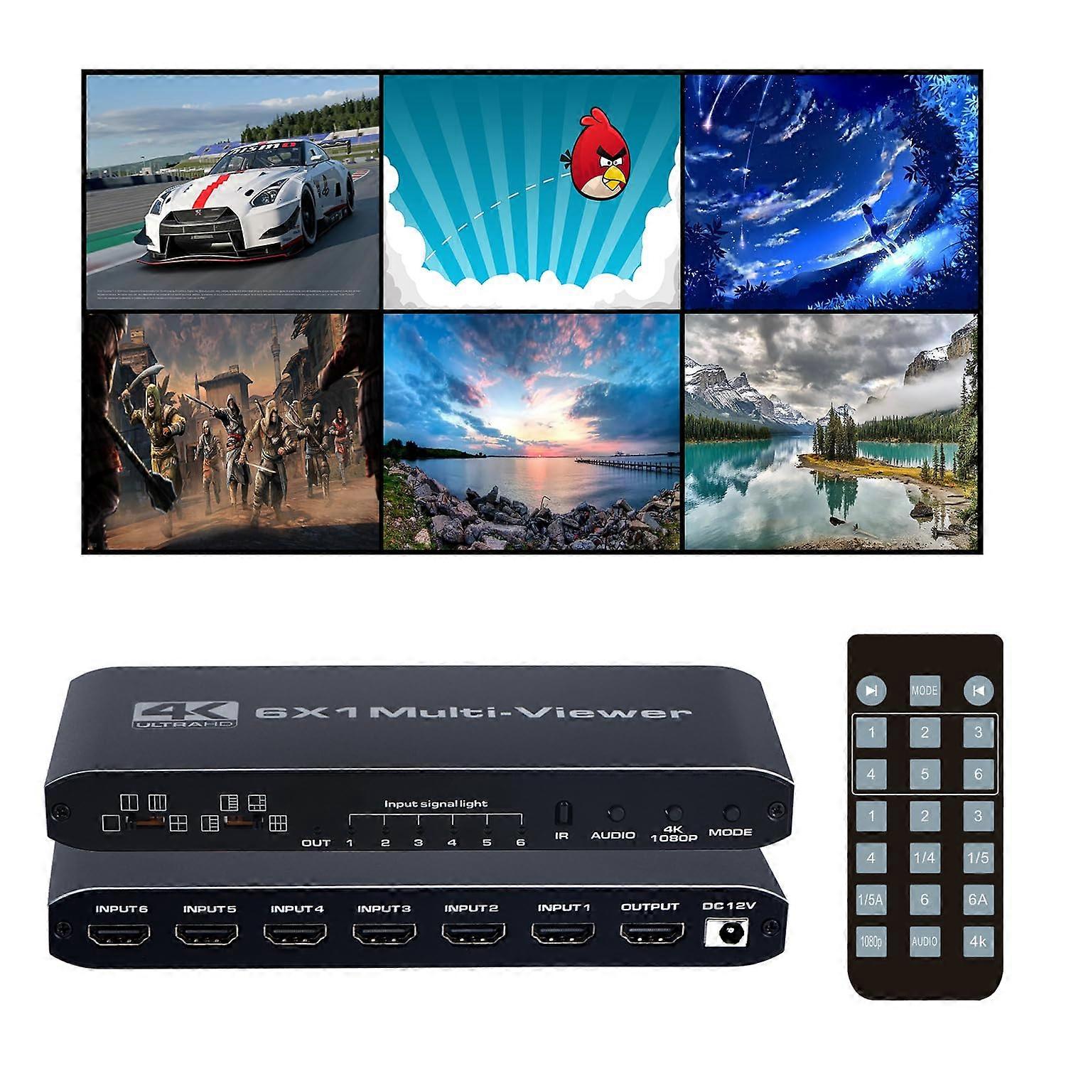 HDMI Multiviewer Switcher 6x1 4K Full HD with Seamless Switching, 9 Layouts, IR Remote for Security and Gaming